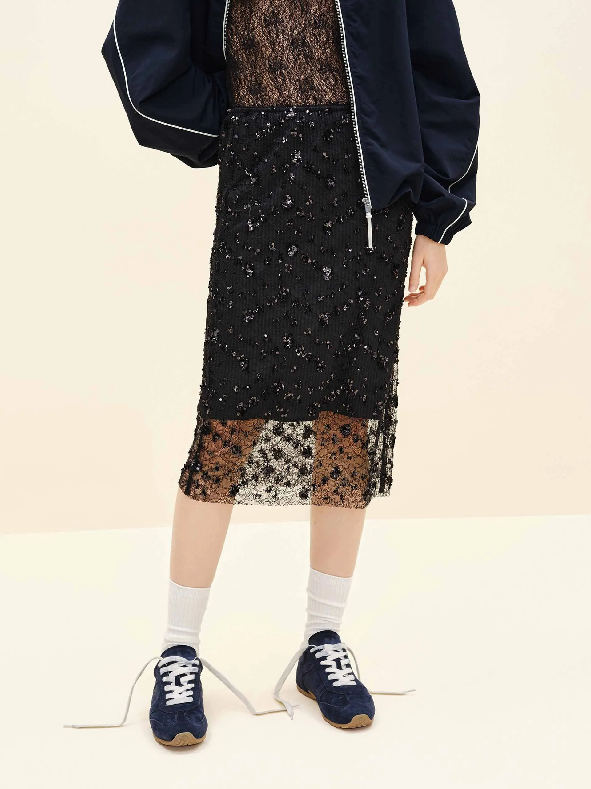 Sequin Detail Lace Skirt Simple Fashion Metallic Finish