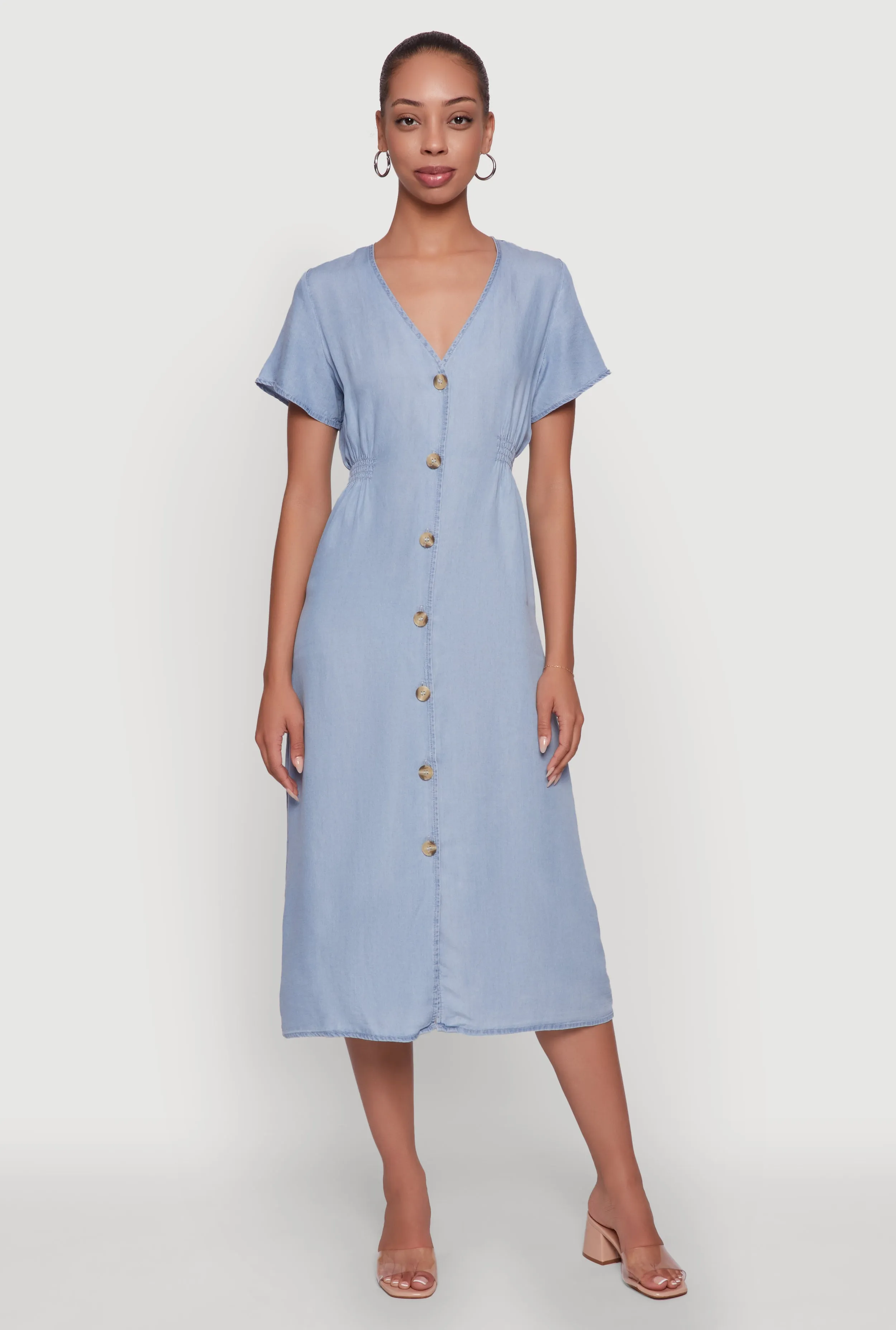 Chic Short Sleeve V-Neck Shirt Dress with Button Front Seasonal Fashion Gem Shine