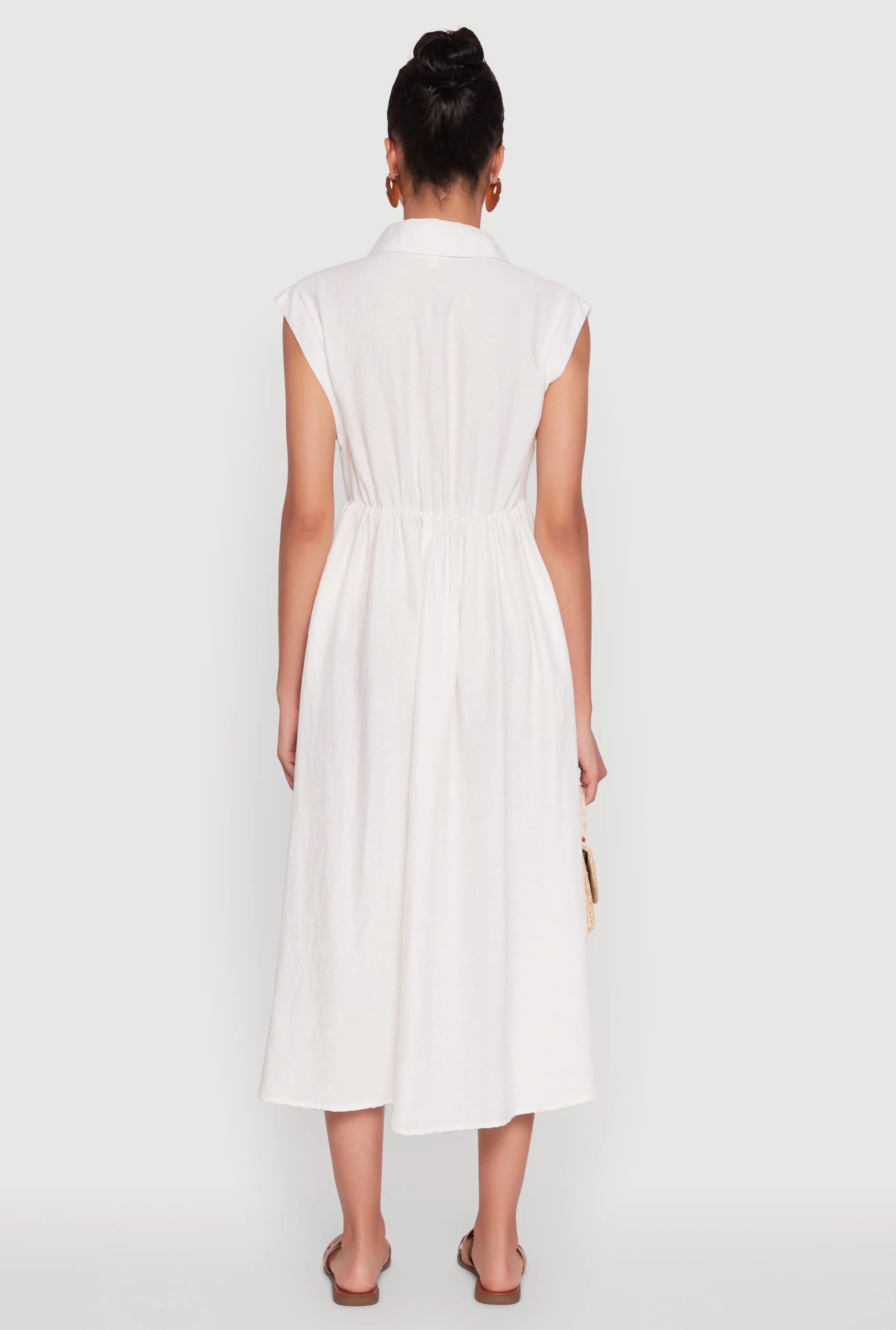 Linen Mid Length Shirt Dress with Cap Sleeves Season Proof Modern Wardrobe
