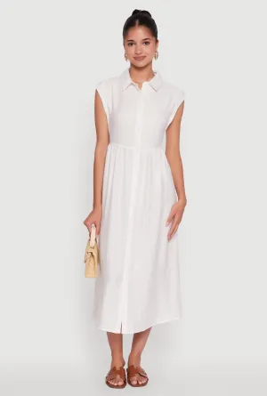 Easygoing Outfit Trendy and Timeless Linen Mid Length Shirt Dress with Cap Sleeves
