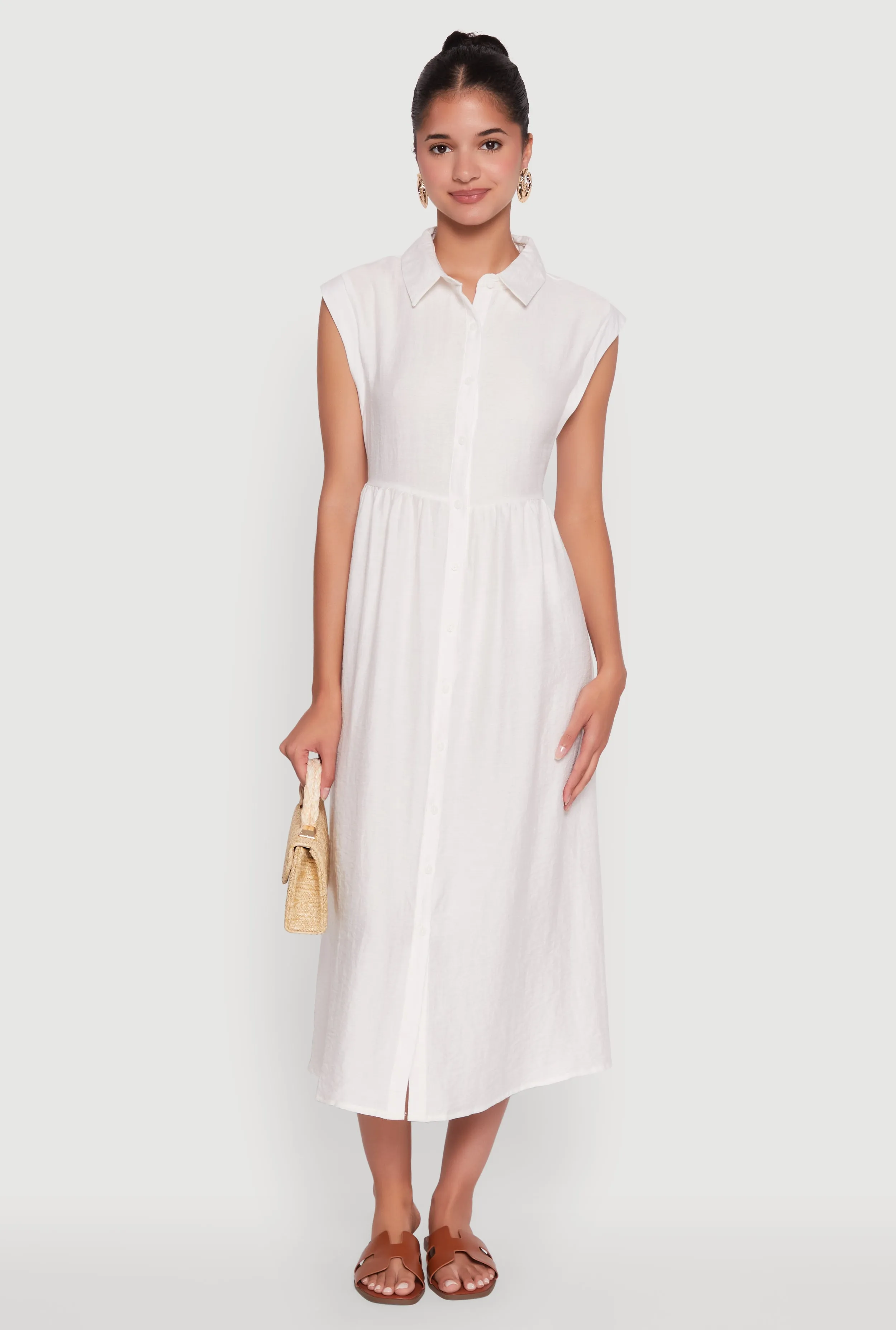 Easygoing Outfit Trendy and Timeless Linen Mid Length Shirt Dress with Cap Sleeves