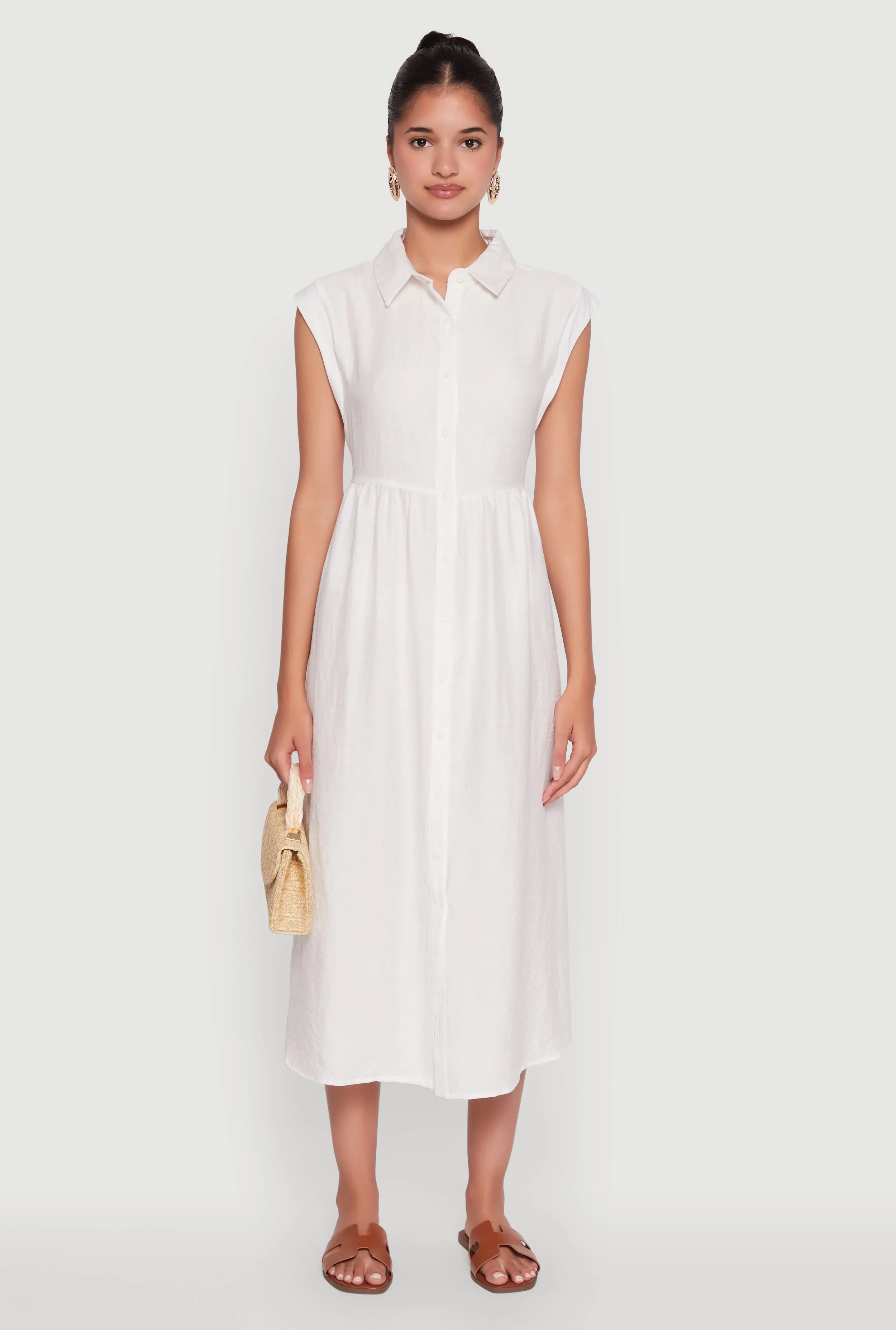 All Season Style City Walk Linen Mid Length Shirt Dress with Cap Sleeves