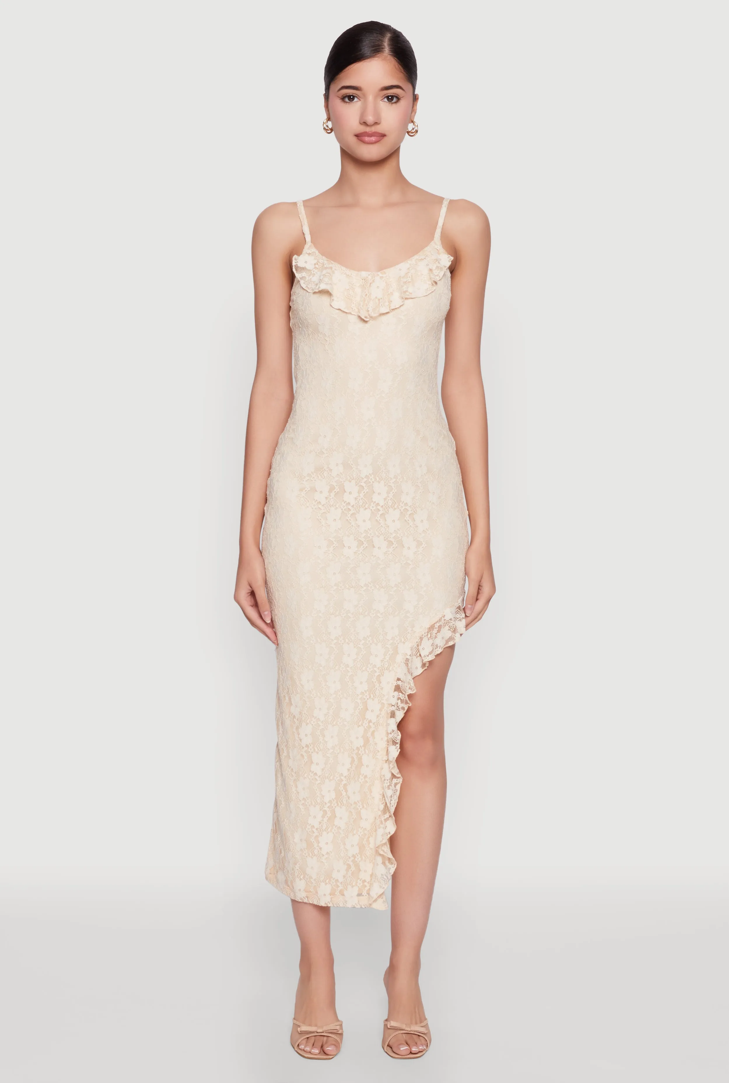 Madden Girl Lace Asymmetrical Dress with Ruffles Season Proof Air Float