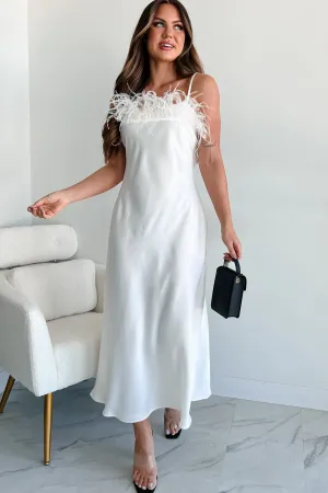 Birds Of Paradise Faux Feather Trim Midi Dress (Ivory) Japanese Neat Quick Layer