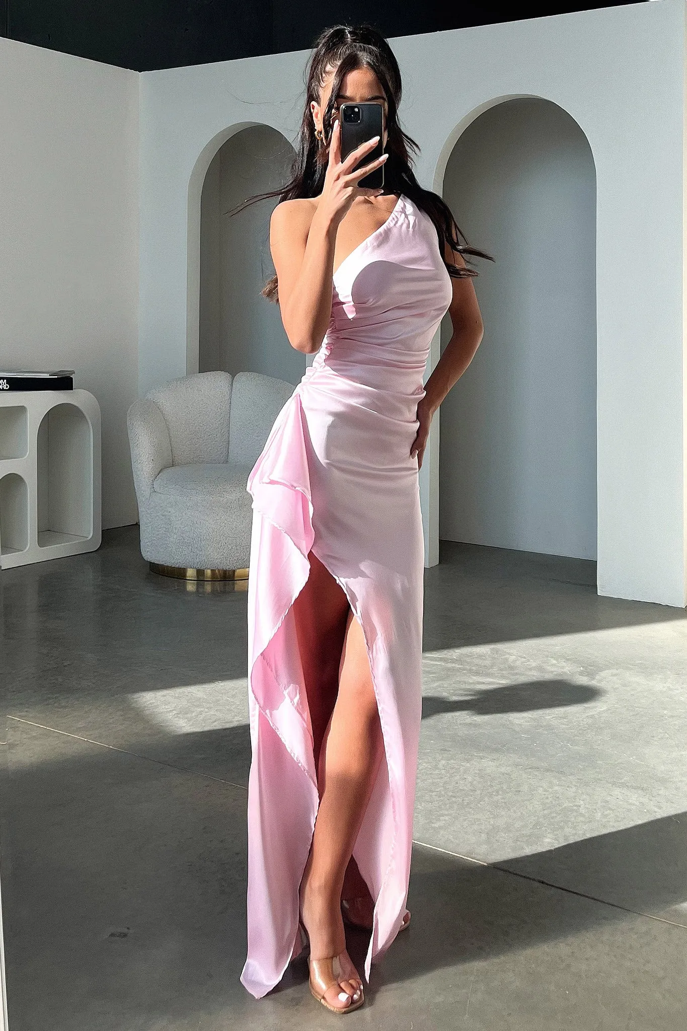 Elianna One Shoulder Satin Maxi Dress - Pink Fold Glow