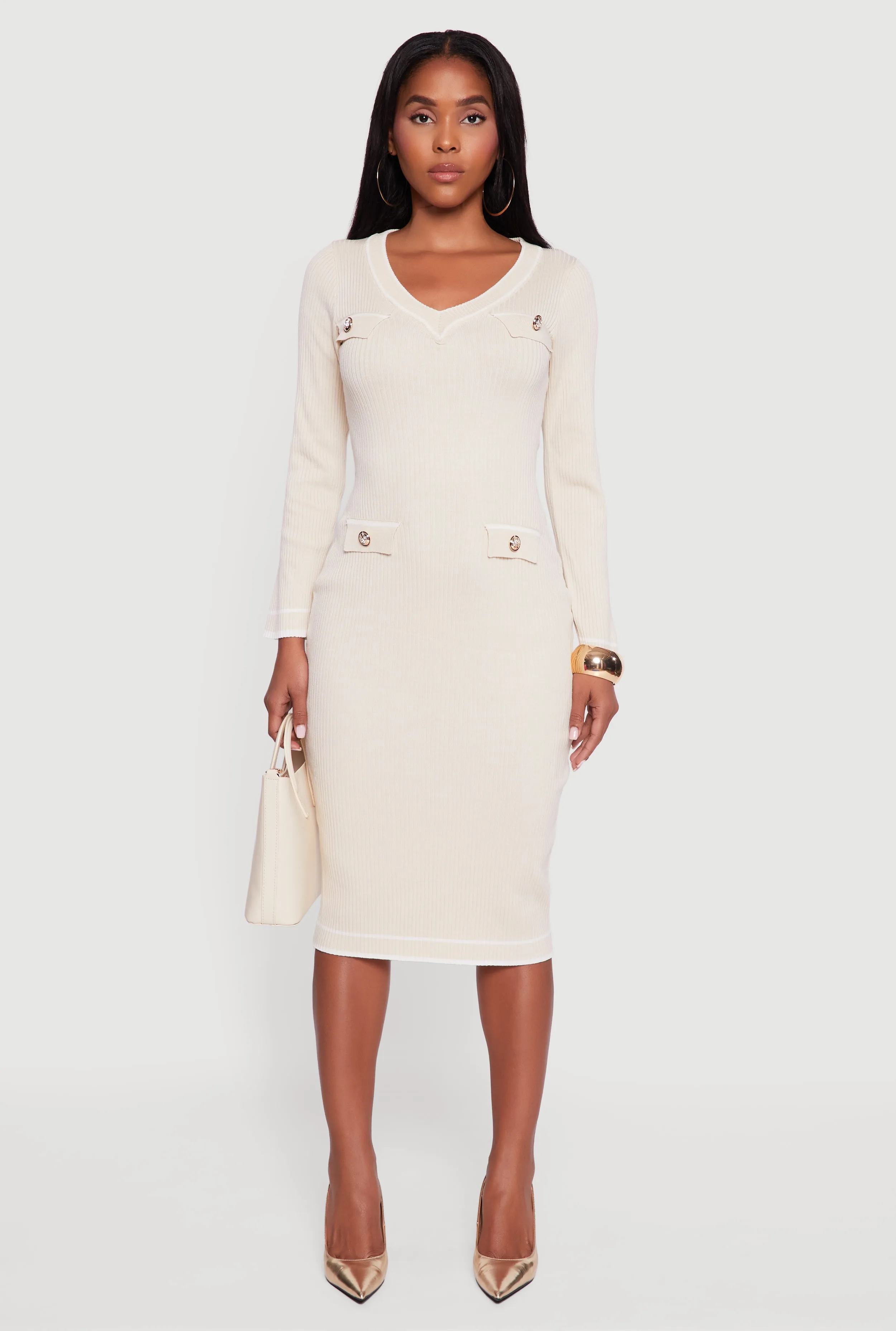 Inner Glow Sophisticated Style Contrast Trim Pocket Detail Long Sleeve Sweater Dress