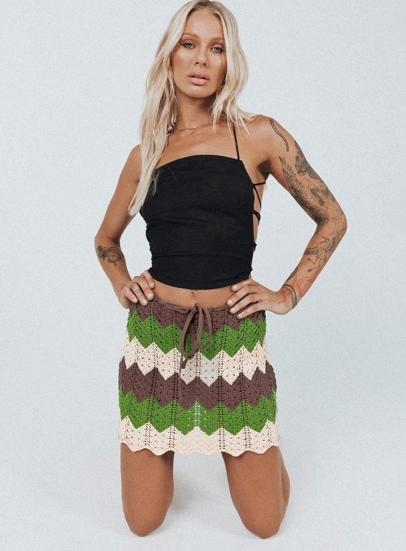 Pahoma Crochet Mini Skirt Multi flared silhouette Adjustable Fit