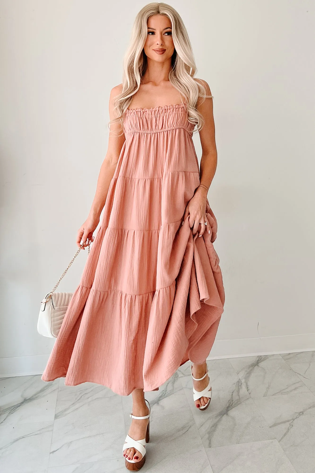 Twilight Glow Sleeveless Tiered Maxi Dress (Clay) River Walk Dye Art