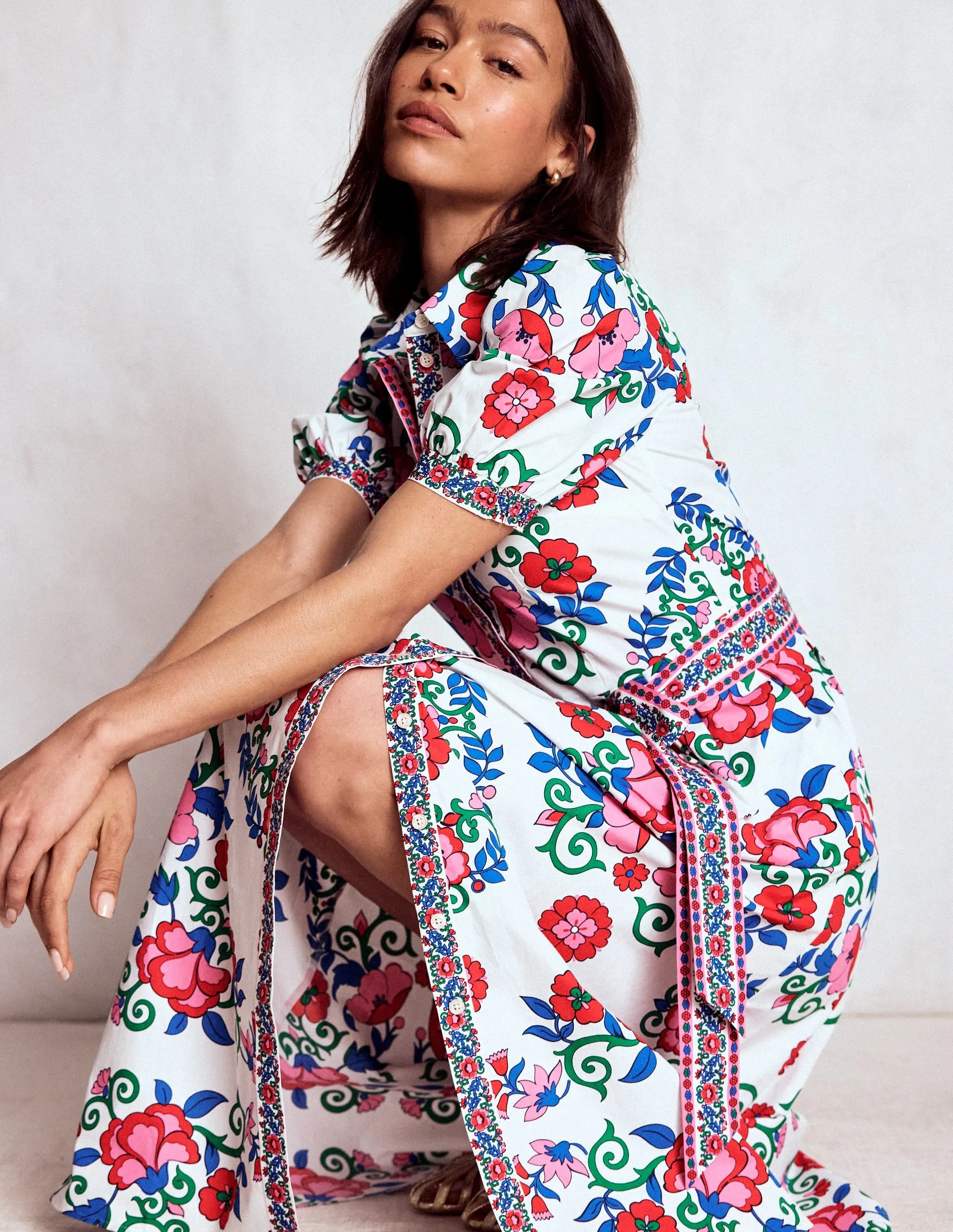 Alexa Maxi Shirt Dress-Multi, Ornamental Lattice Crepe Soft Denim Soft