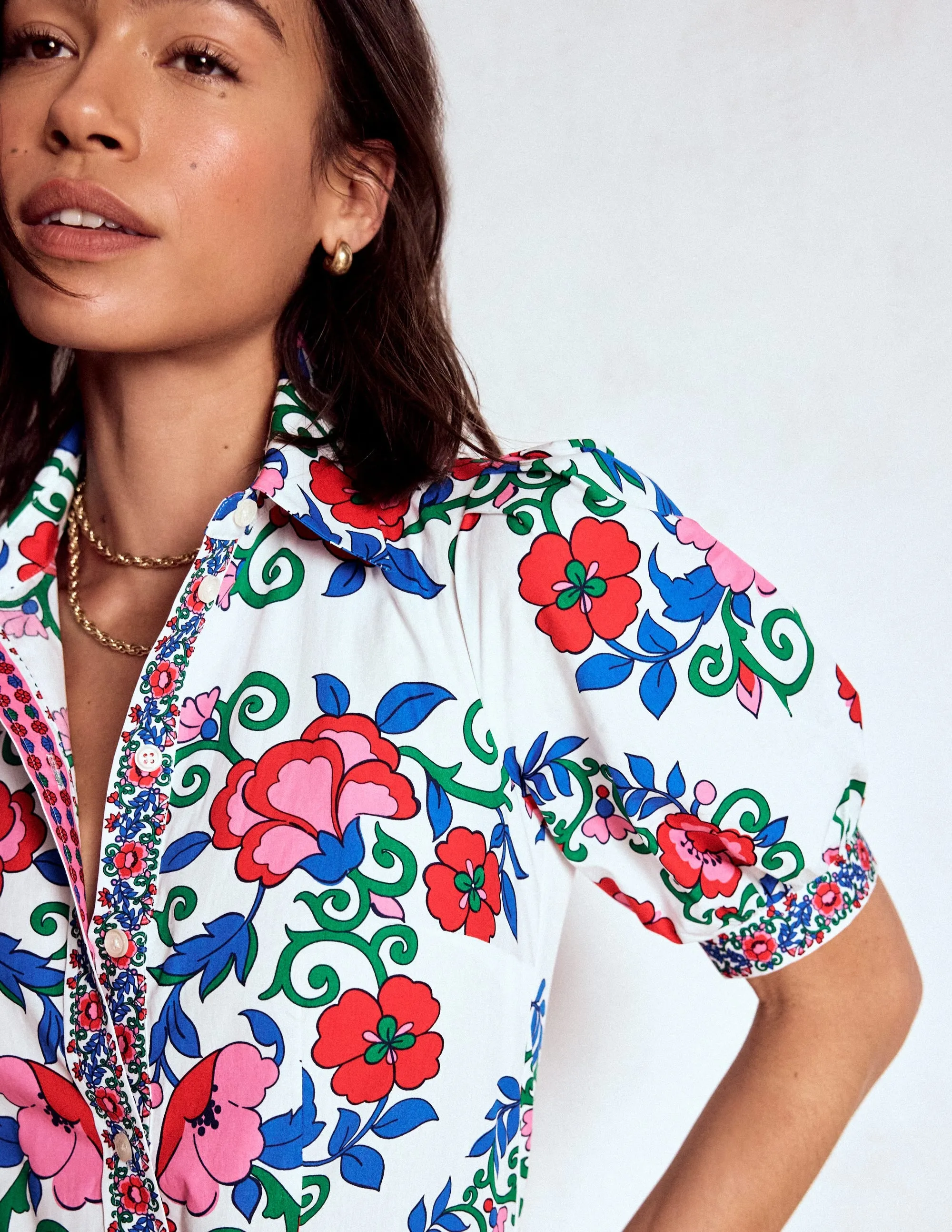 Alexa Maxi Shirt Dress-Multi, Ornamental Lattice White Peak Twill Glow