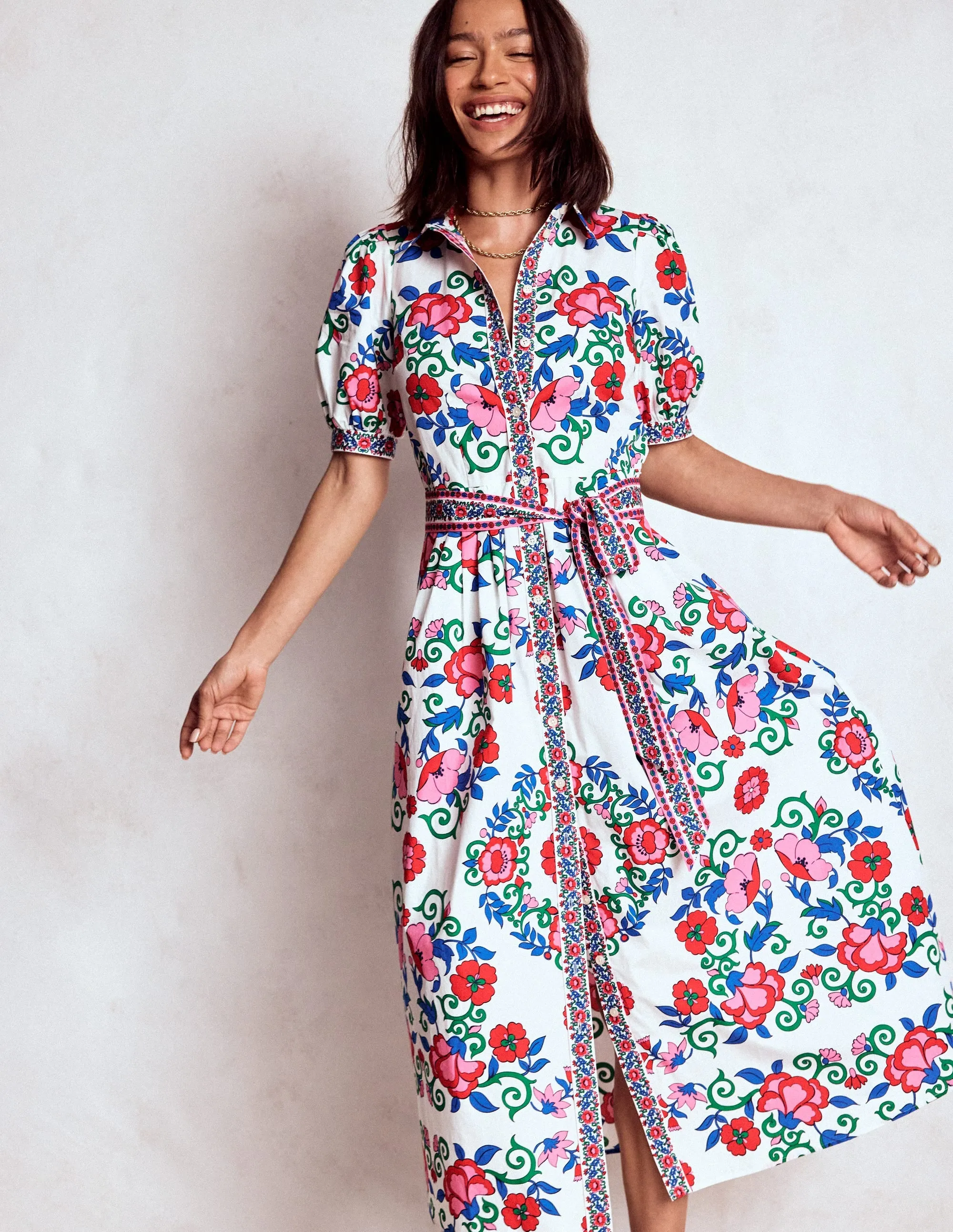 Deep V Timeless Glow Alexa Maxi Shirt Dress-Multi, Ornamental Lattice