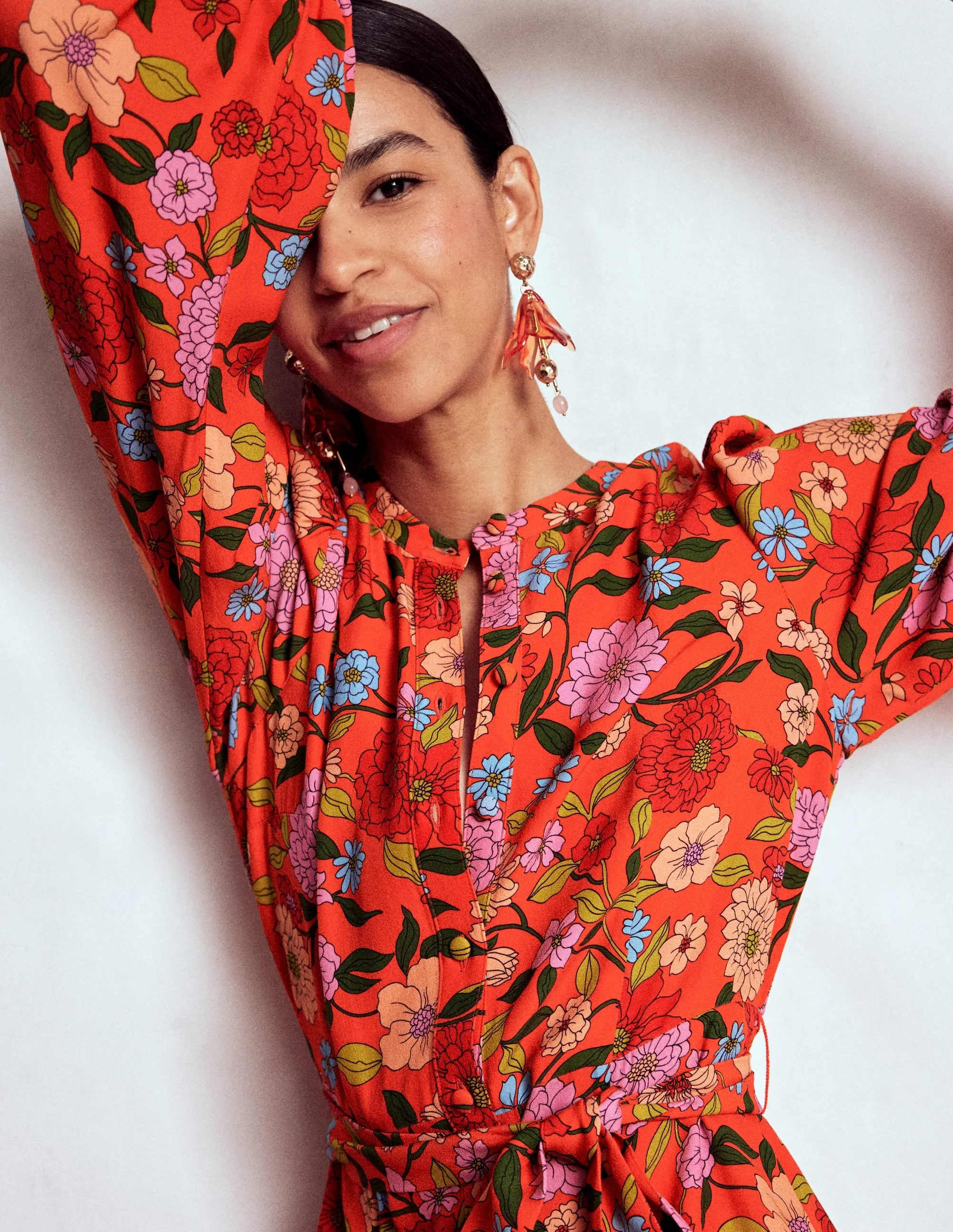 Mae Occasion Maxi Shirt Dress-Firecracker Red, Dahlia Trail This maxi dress offers the perfect combination of comfort and style for everyday wear