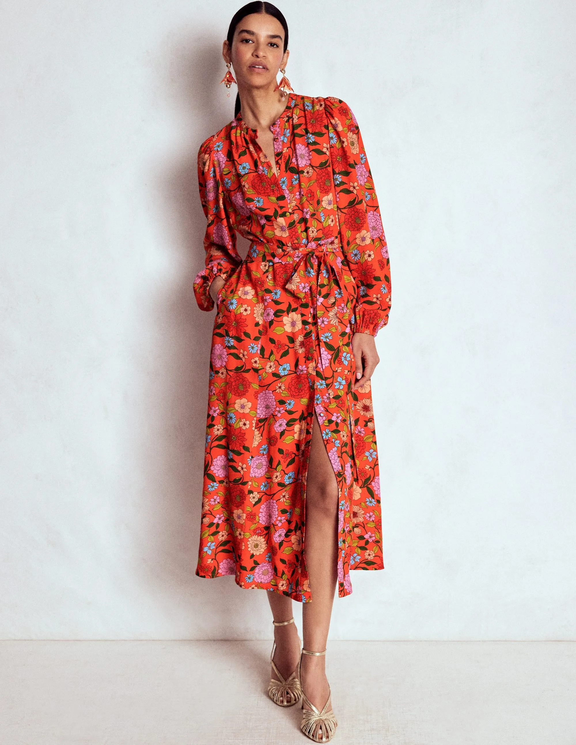 Burgundy Deep Warm Air Mae Occasion Maxi Shirt Dress-Firecracker Red, Dahlia Trail