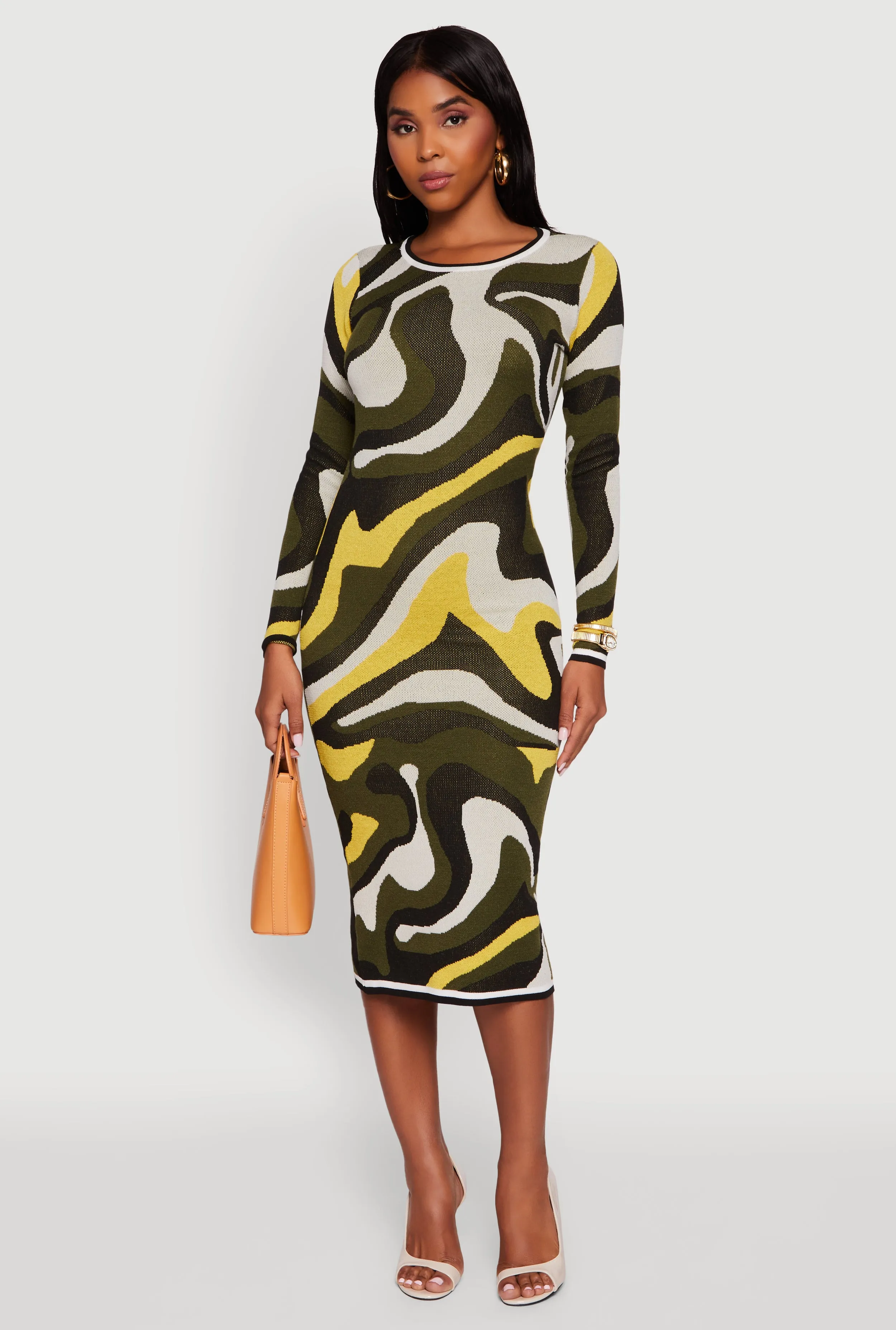 Psychedelic Swirl Long Sleeve Crew Neck Midi Dress Flattering Outfit