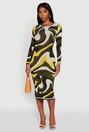 Psychedelic Swirl Long Sleeve Crew Neck Midi Dress Flattering Outfit