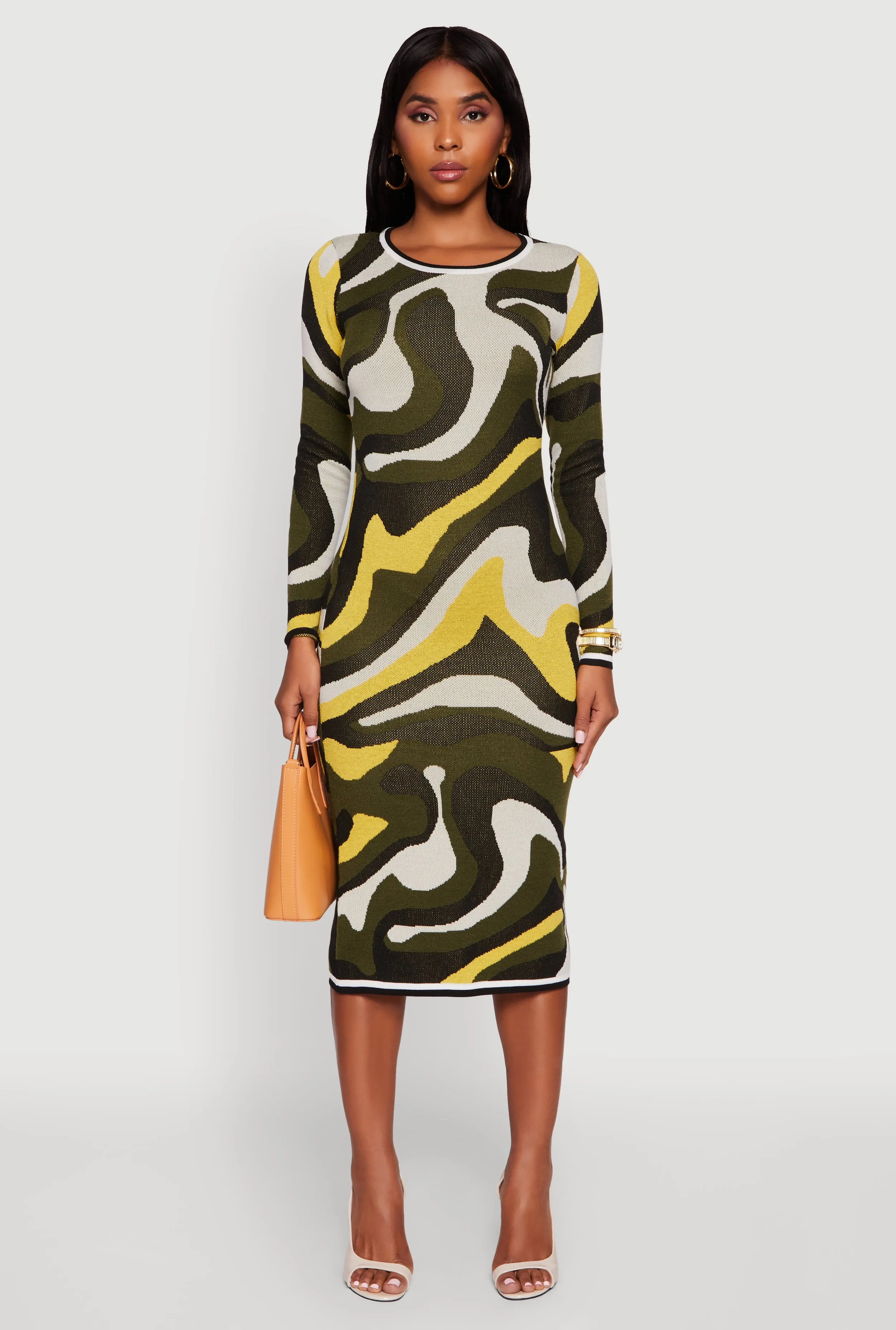 Psychedelic Swirl Long Sleeve Crew Neck Midi Dress Chorus Night