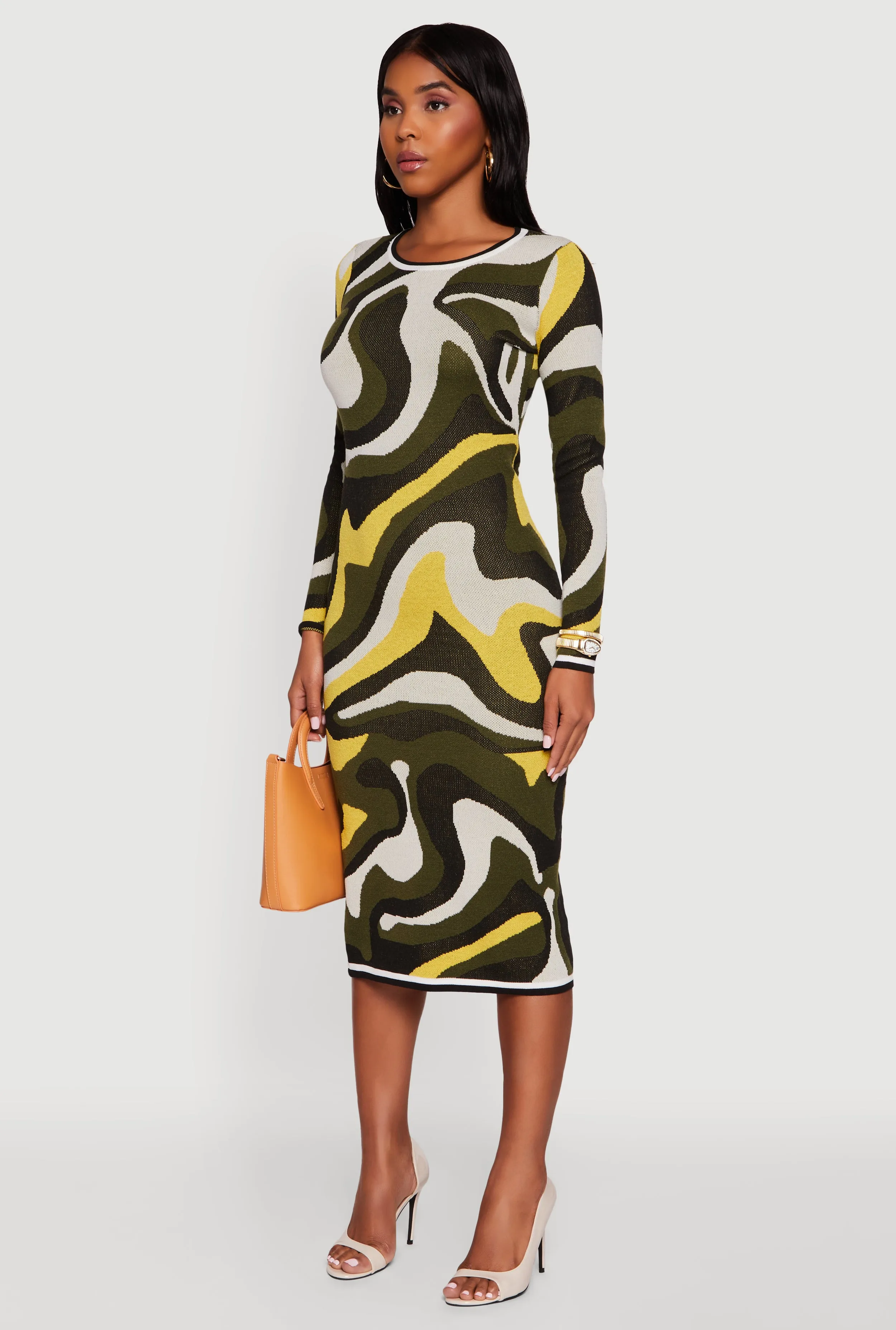 Psychedelic Swirl Long Sleeve Crew Neck Midi Dress Vibrant summer dress Crisp Wind