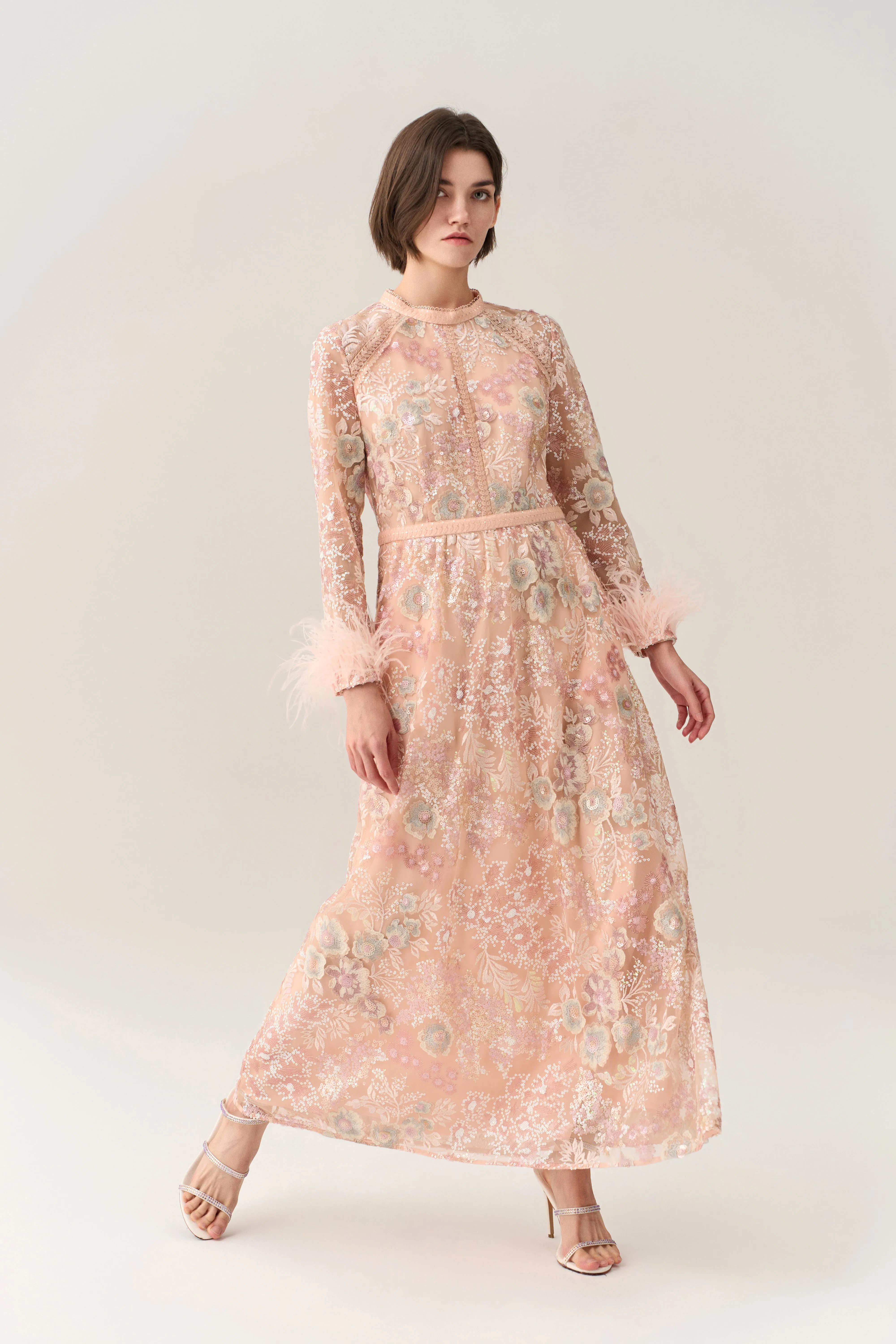 Paneled Feather-trim Embroidery Sequin-detail Dress Elegant Glow