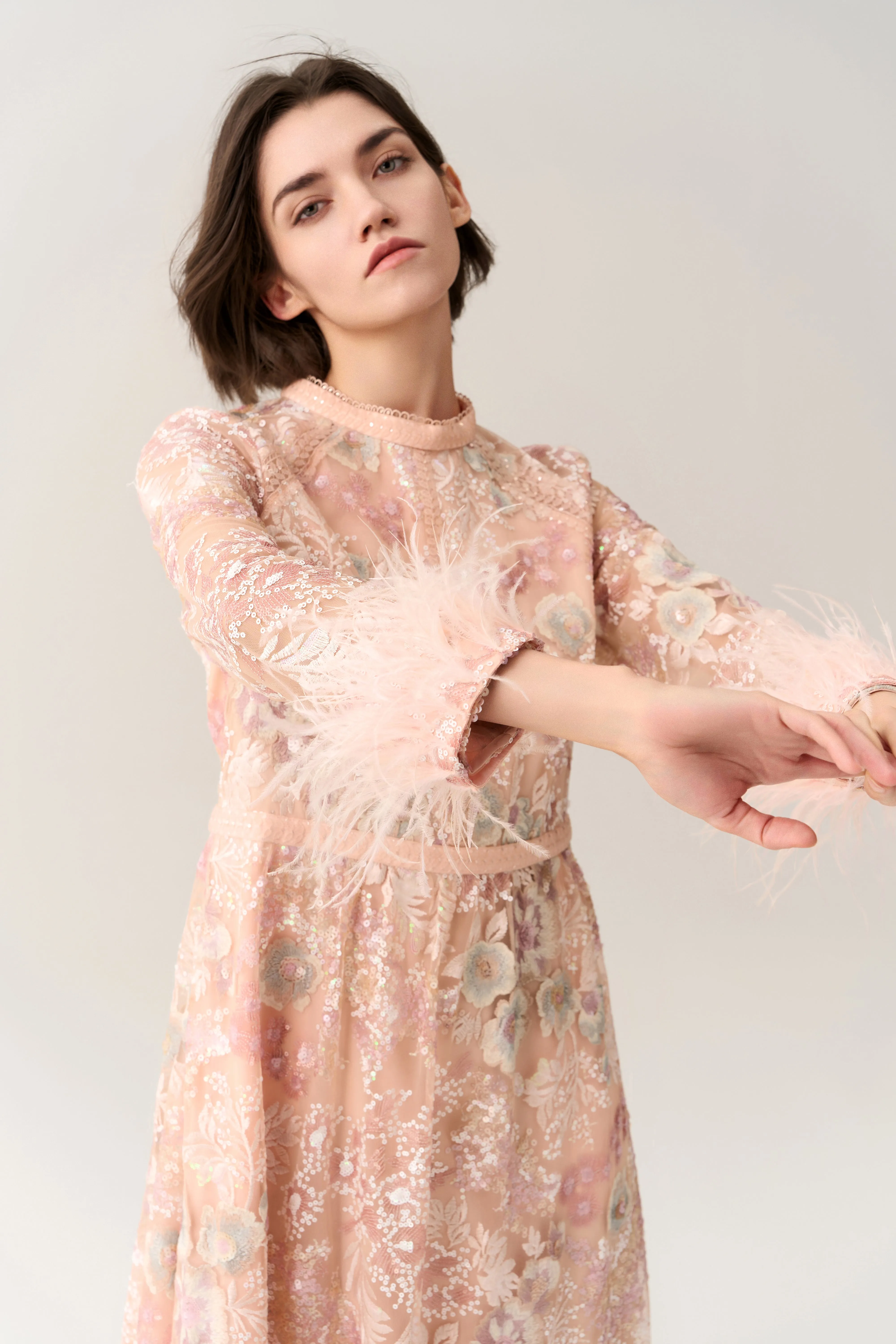 Paneled Feather-trim Embroidery Sequin-detail Dress LowMaintenanceFabric