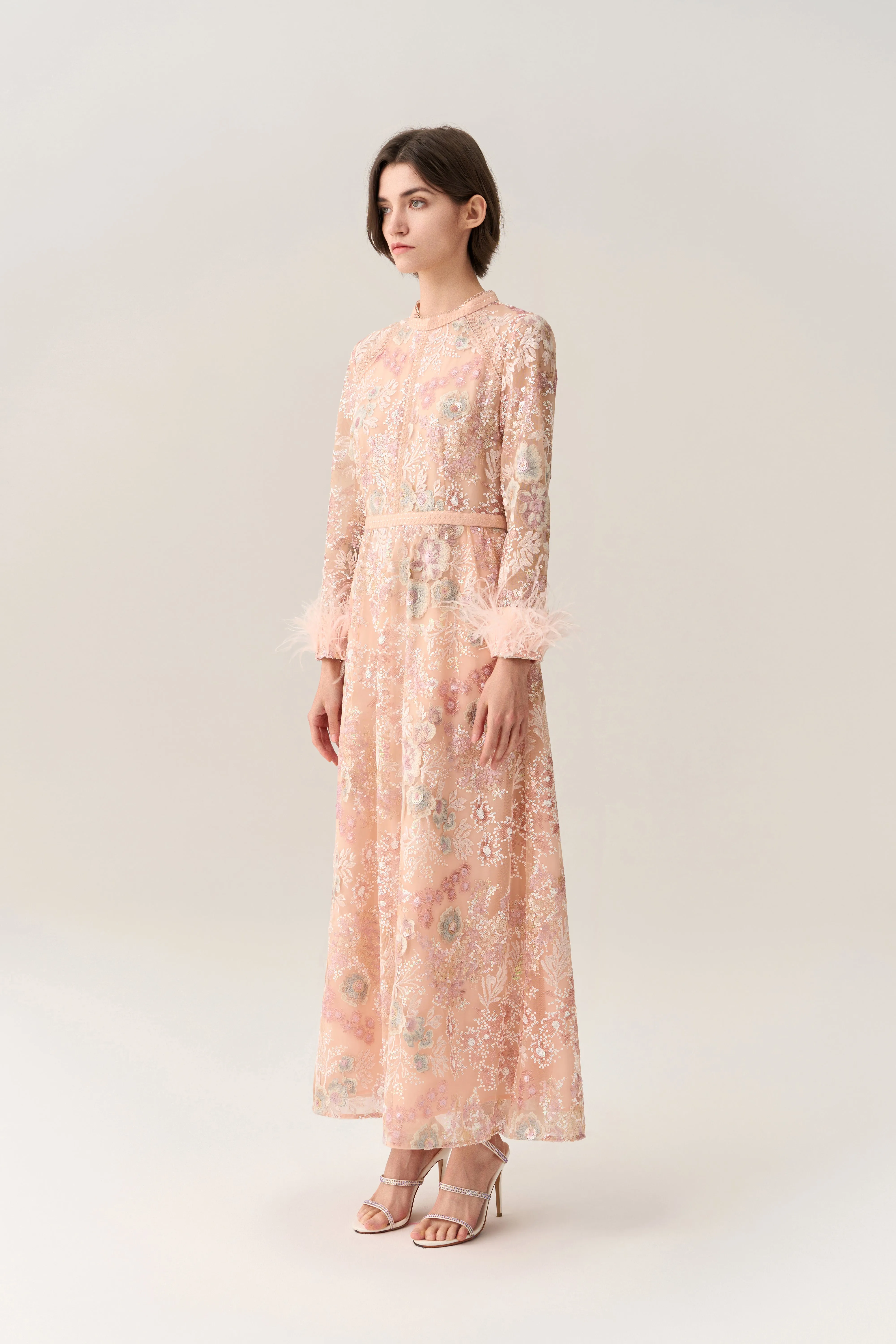 Paneled Feather-trim Embroidery Sequin-detail Dress Layer Safe Swim Easy