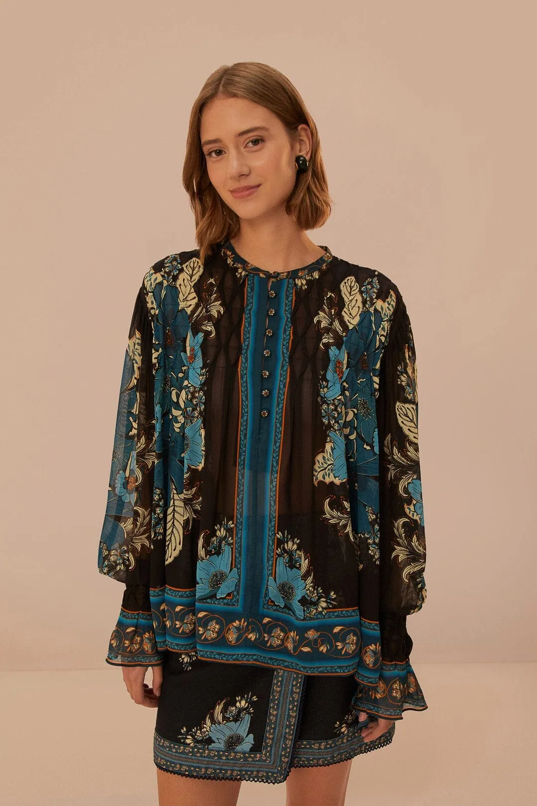 City Ready Contrast Stitching Blossom Tapestry Skirt