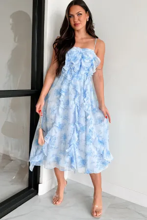 Statement pattern knee-length dress Seasonal Essentials DOORBUSTER Profess Your Love Ruffle Floral Midi Dress (Blue Floral)