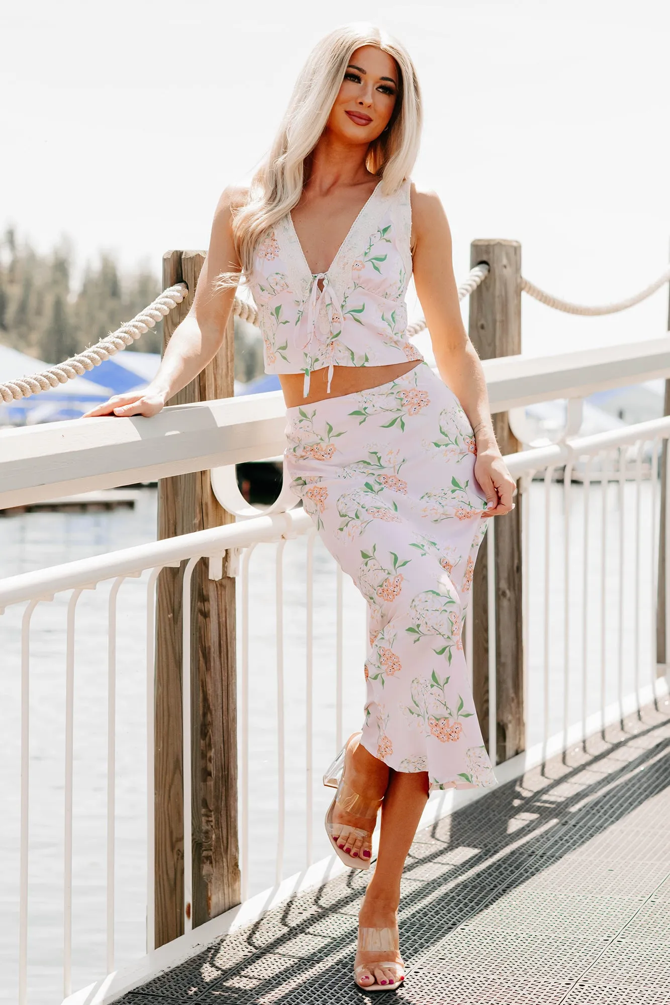 Always Beautiful Floral Satin Skirt (Baby Pink) Removable Belt