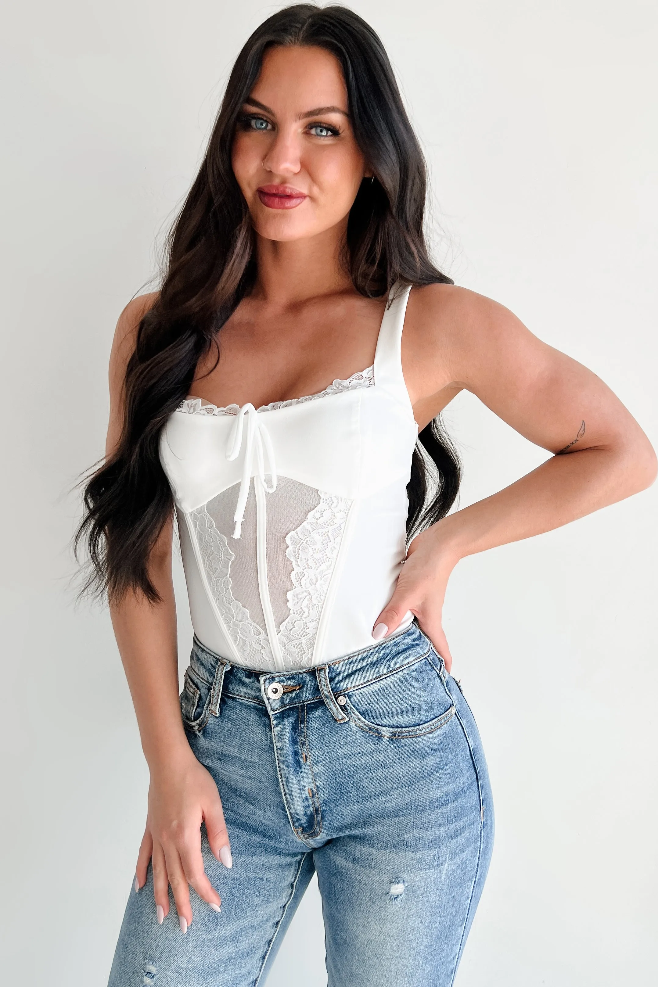 Essential Flexible Urban Classic Totally Hooked Sleeveless Lace Bodysuit (White)