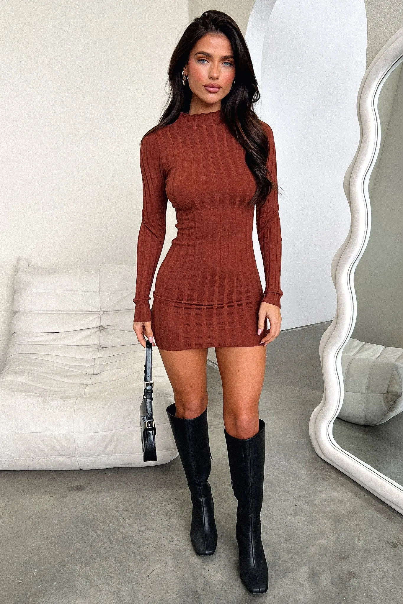 Emily Long Sleeve Turtle Neck Dress - Brown Shine Light Chic Silhouette