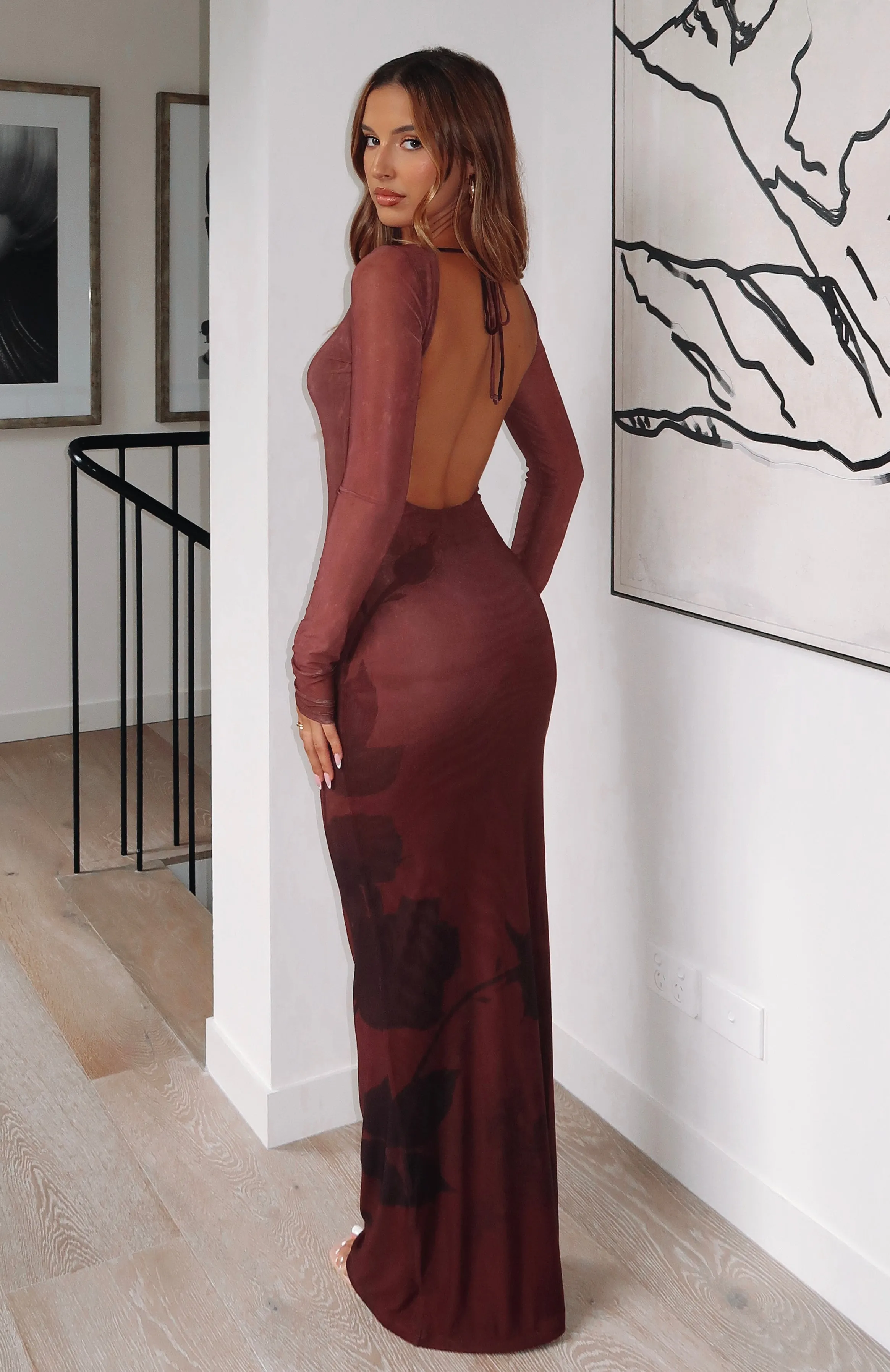 DoubleLayered Structure Travel Vibe No Halo Long Sleeve Maxi Dress Cocoa Bloom