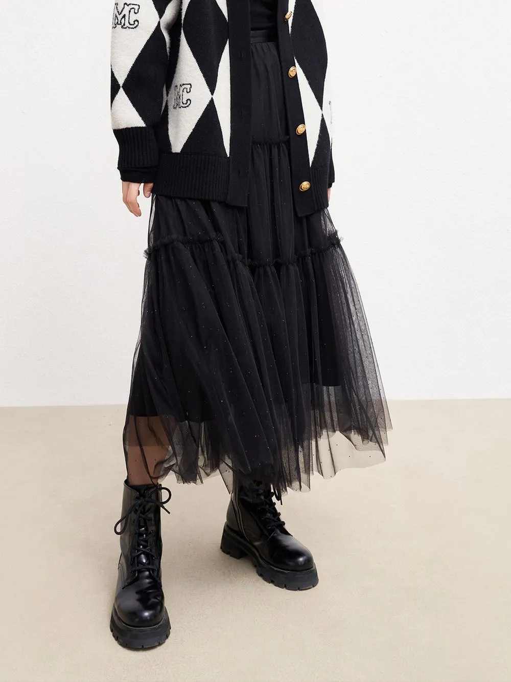 Polished Cut Rhinestone Details Tulle Skirt