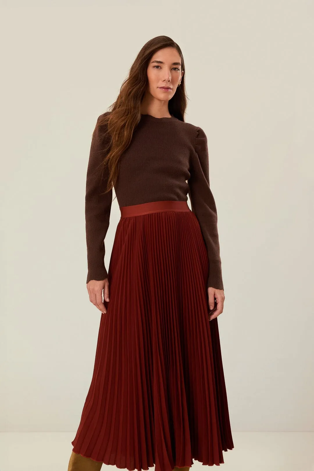 Brown Pleated Maxi Skirt Neat Look Light Fabric