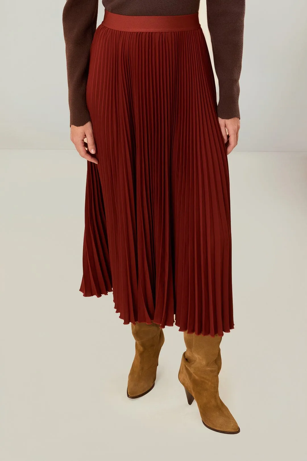 Foil Print Laidback Style Brown Pleated Maxi Skirt