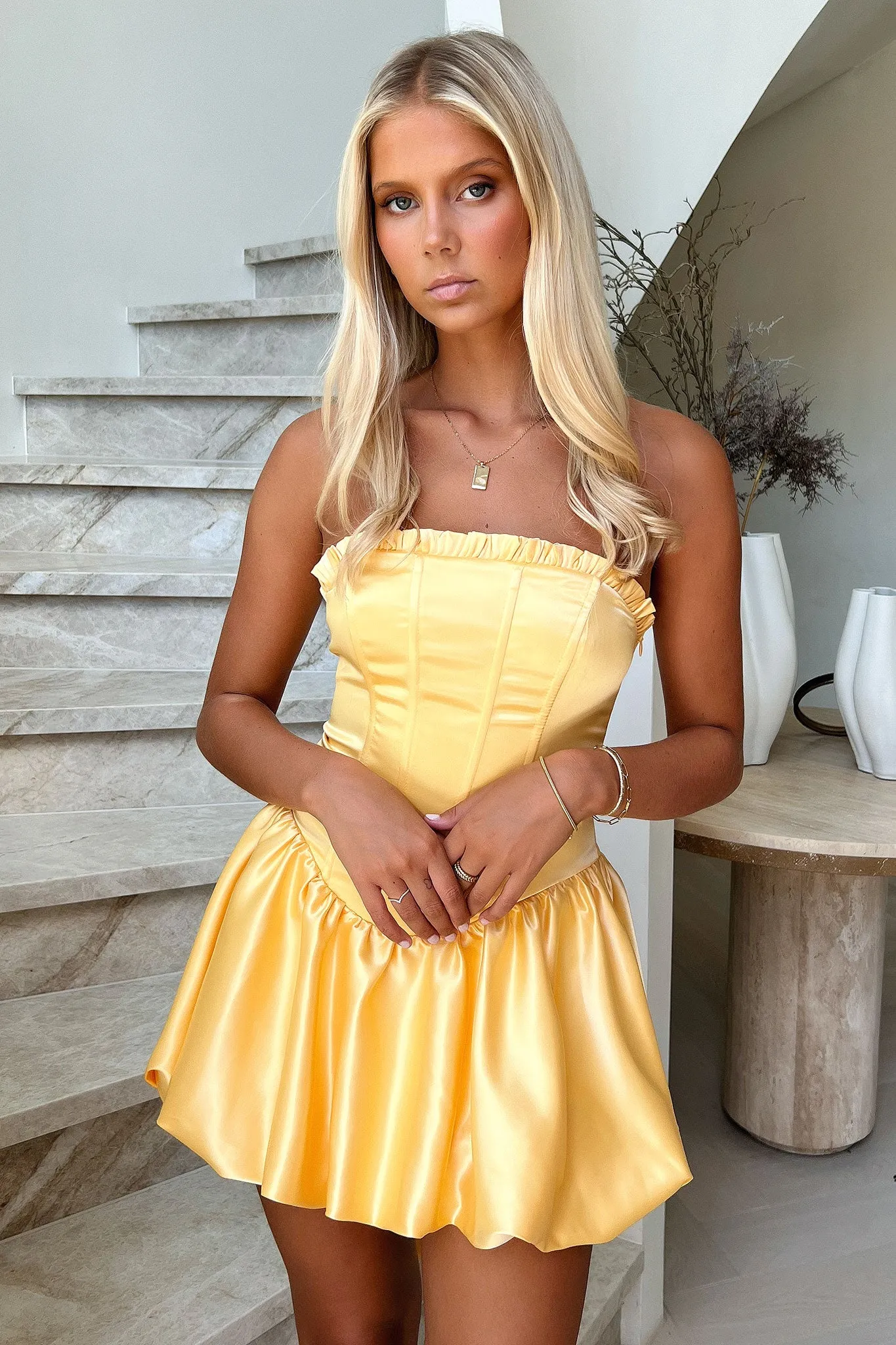 Beauty Strapless Satin Dress - Yellow Simple yet chic mini City Shine