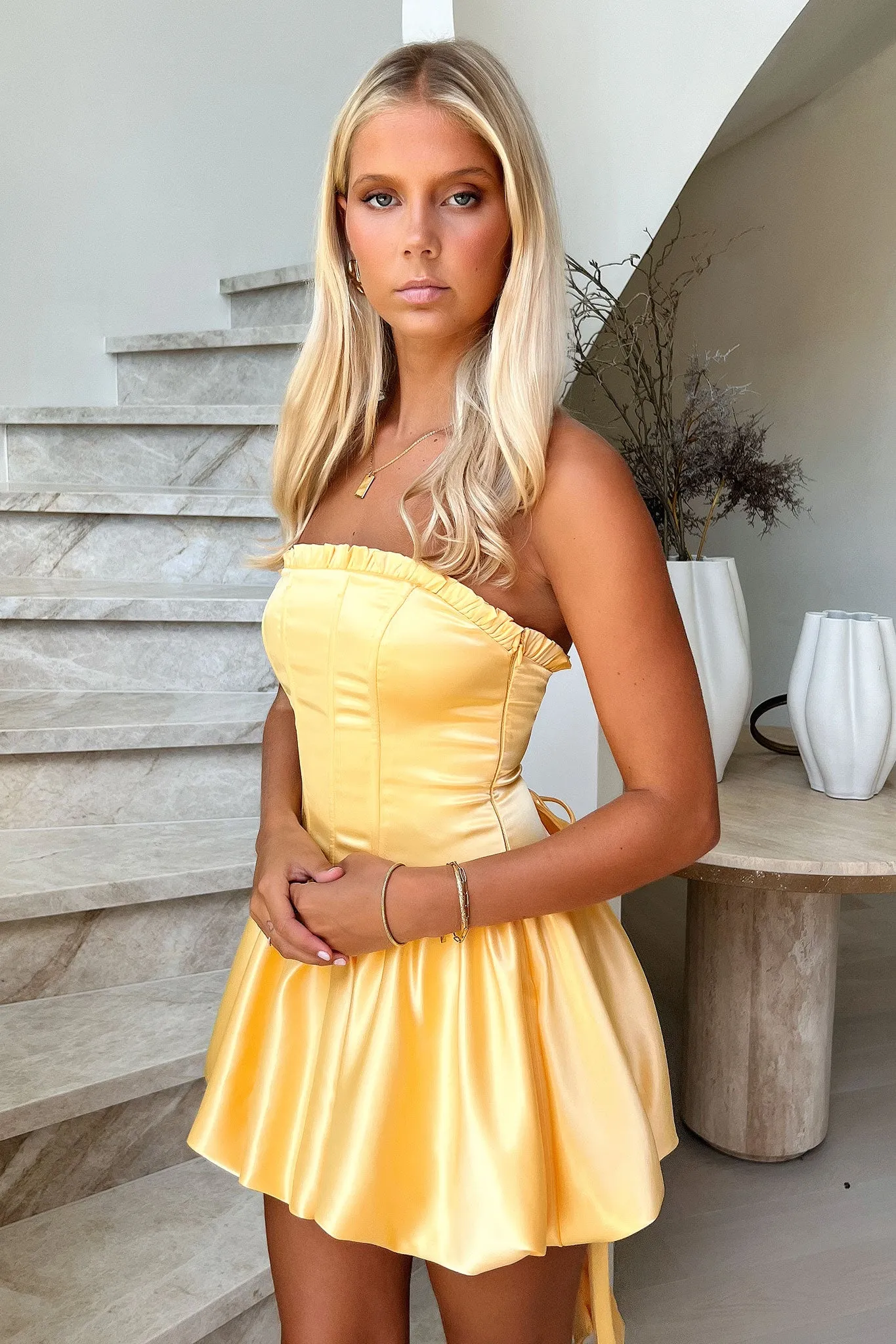 Beauty Strapless Satin Dress - Yellow Vibrant Colors