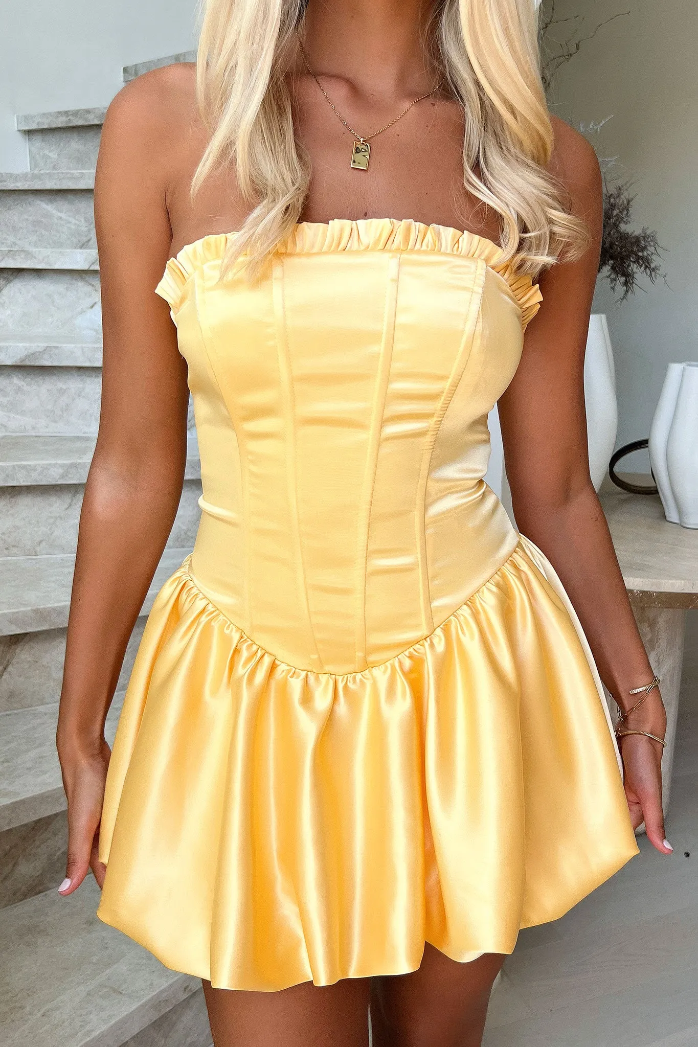 Beauty Strapless Satin Dress - Yellow Non Restrictive Cut Effortless Wear