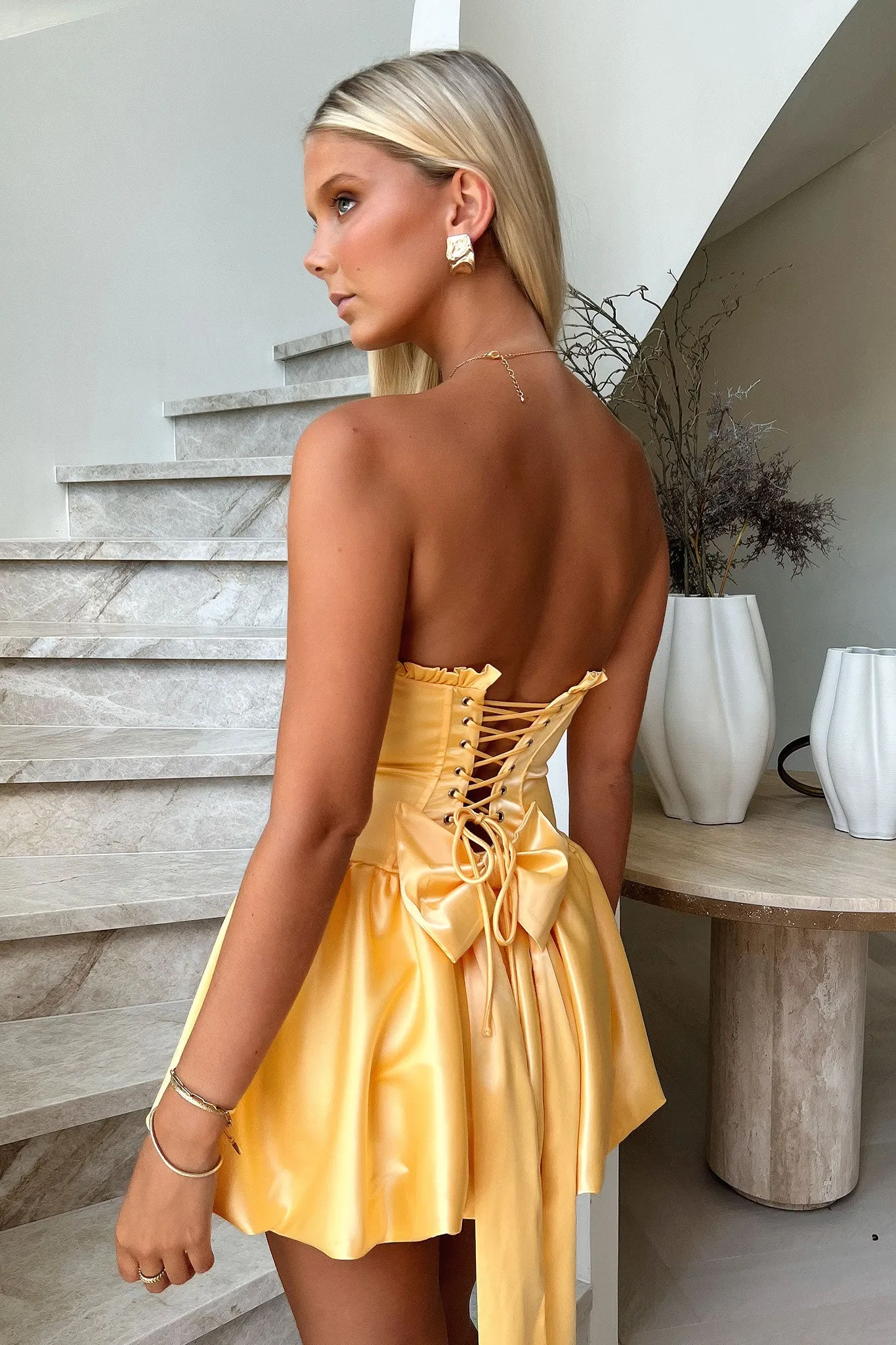 Elasticized Cuff Design Beauty Strapless Satin Dress - Yellow