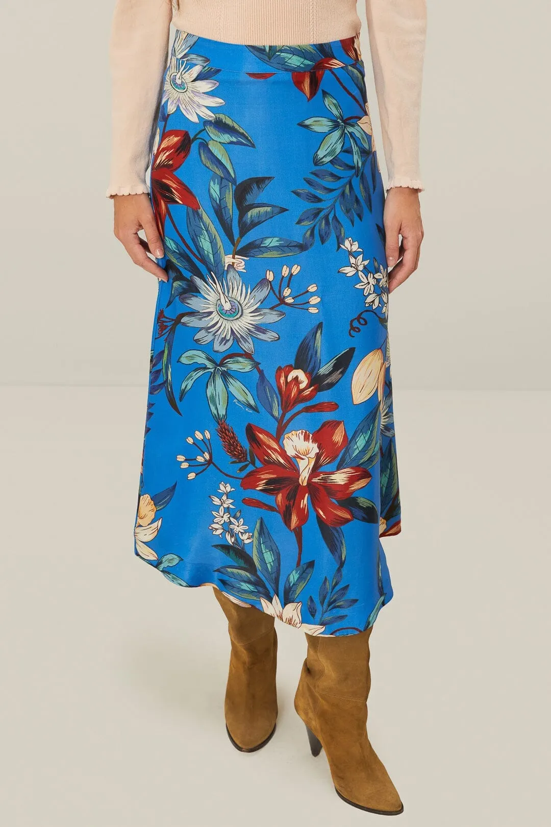 Blue Surreal Flowers LENZING? ECOVERO? Midi Skirt Texture Shot Easy Care
