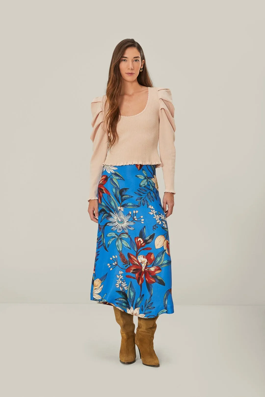 Blue Surreal Flowers LENZING? ECOVERO? Midi Skirt Must Have Feature light colors