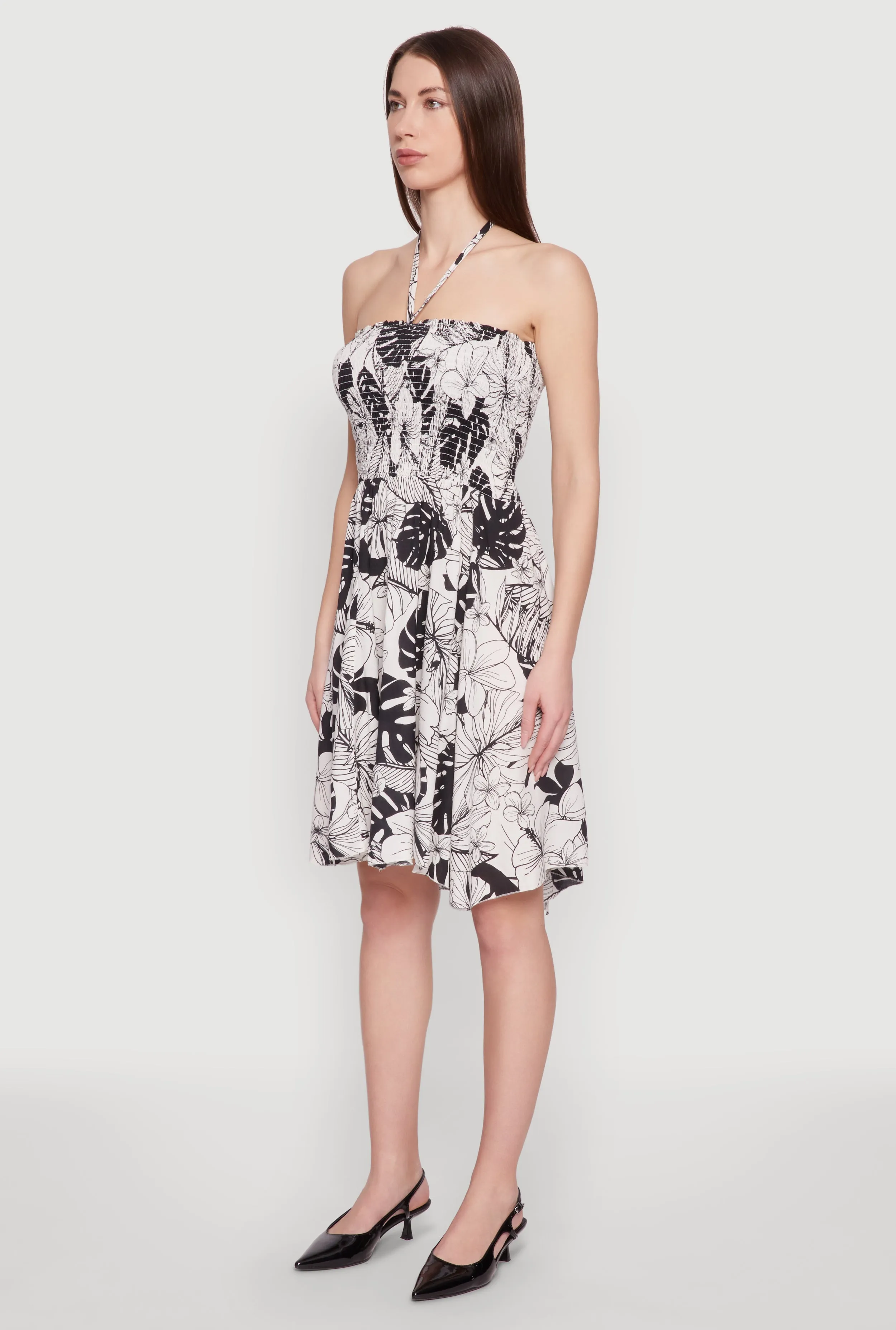 Classic Smart Tropical Print Smocked Halter Neck Dress