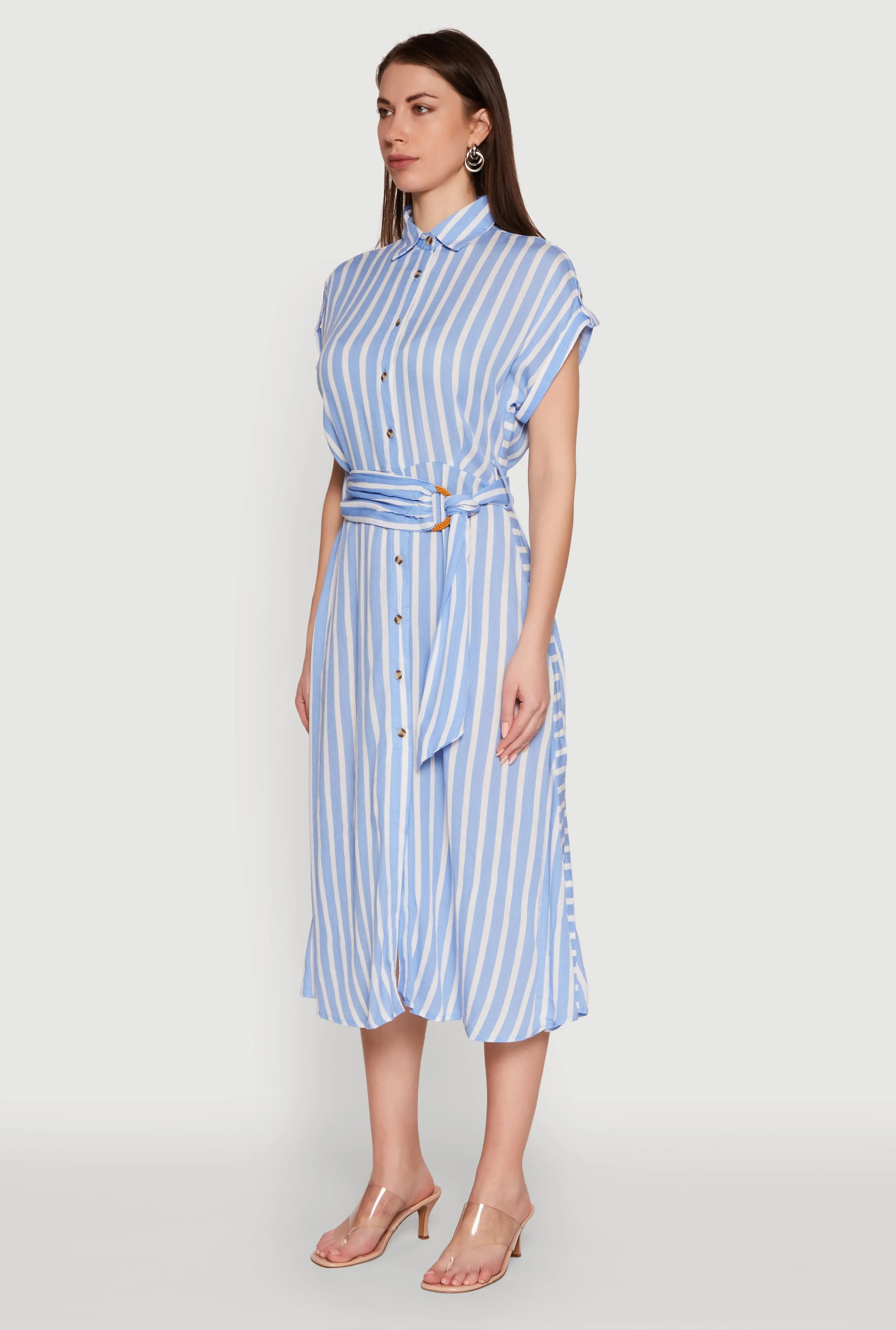 Chic Striped Shirt Dress with O Ring Tie Waist Belt Feminine Design