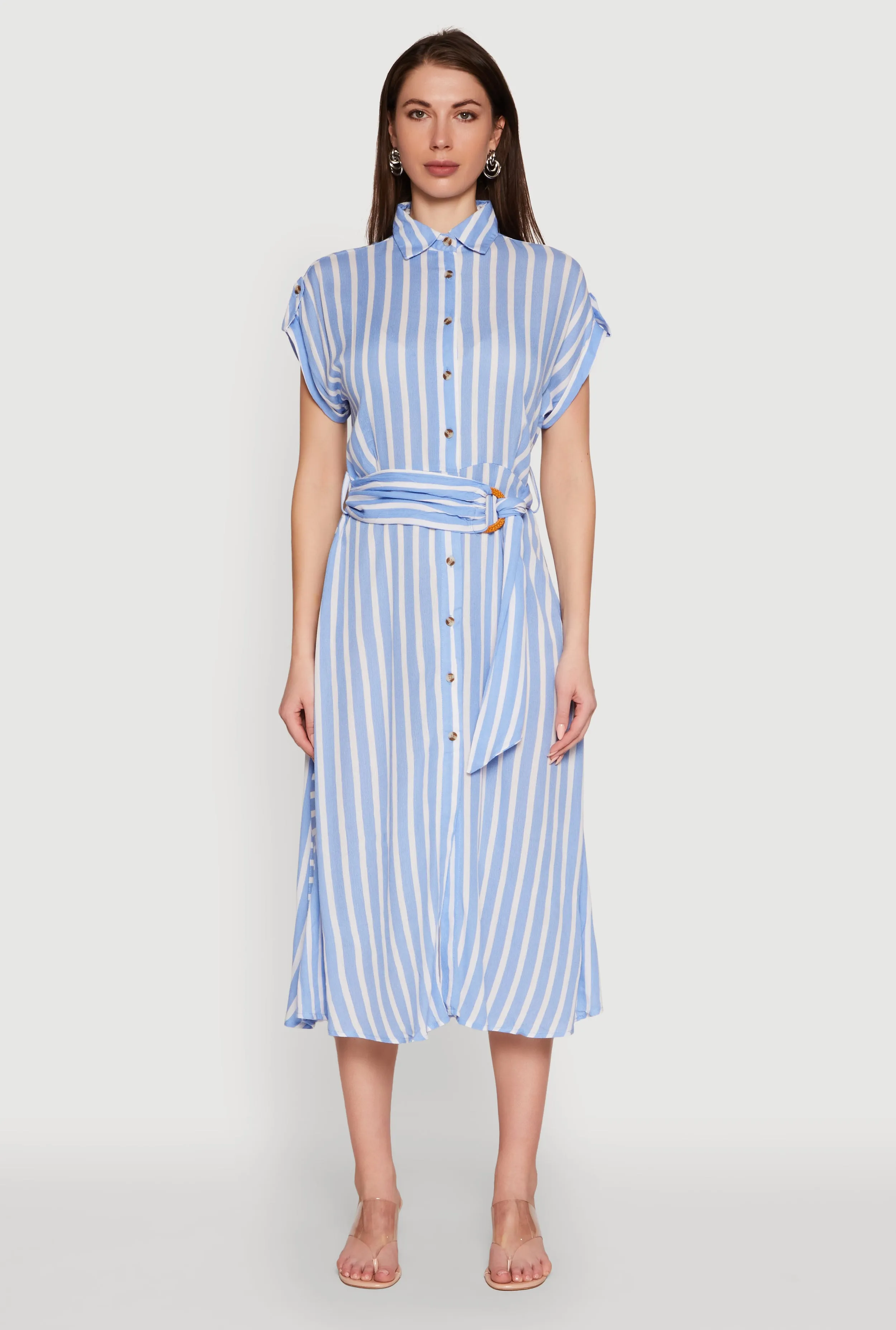 Low Effort Chic Striped Shirt Dress with O Ring Tie Waist Belt