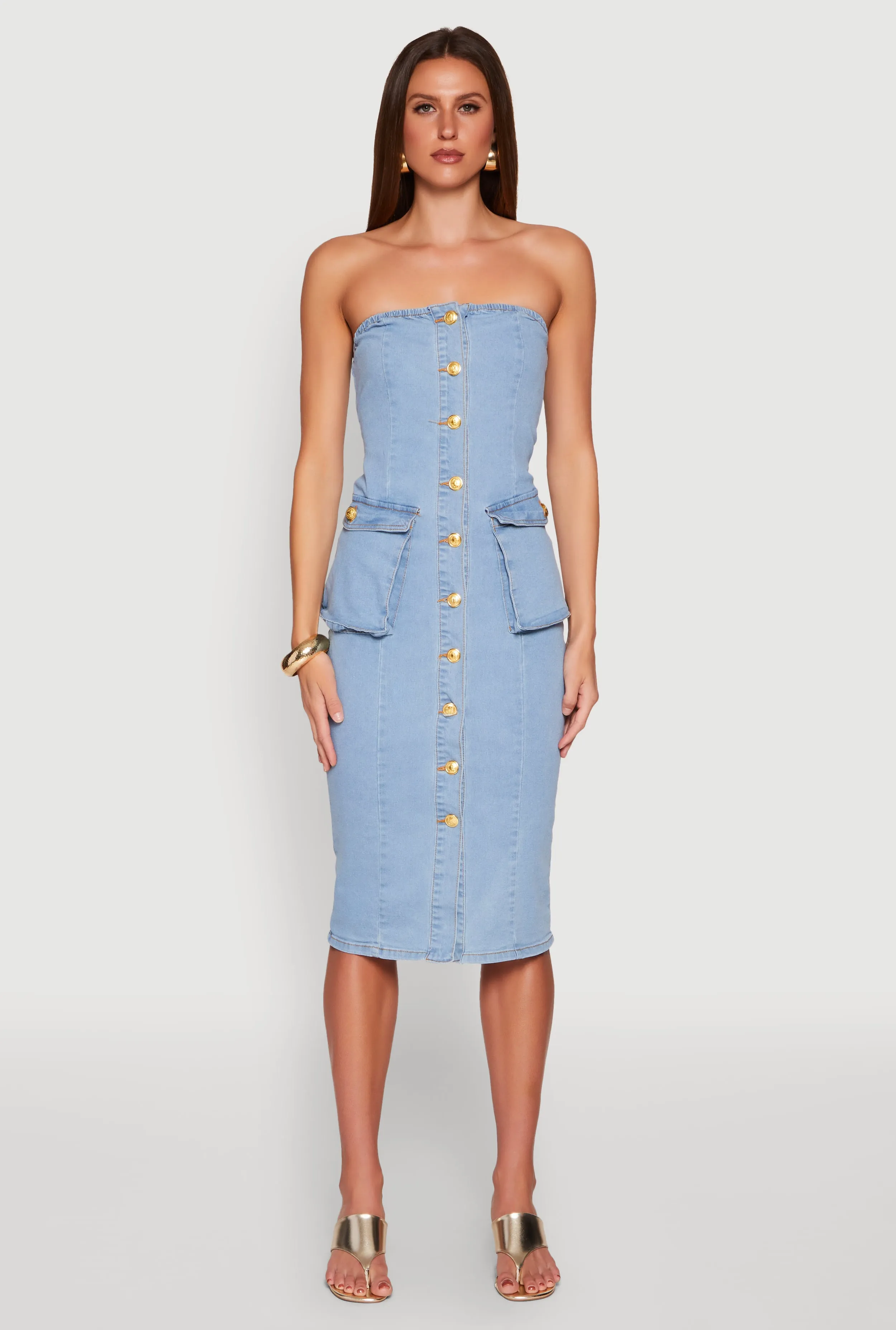 Daisy Button Front Strapless Denim Dress Modern Wear Elegant Mom