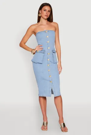 Silk Flow Timeless silhouette for all occasions Daisy Button Front Strapless Denim Dress