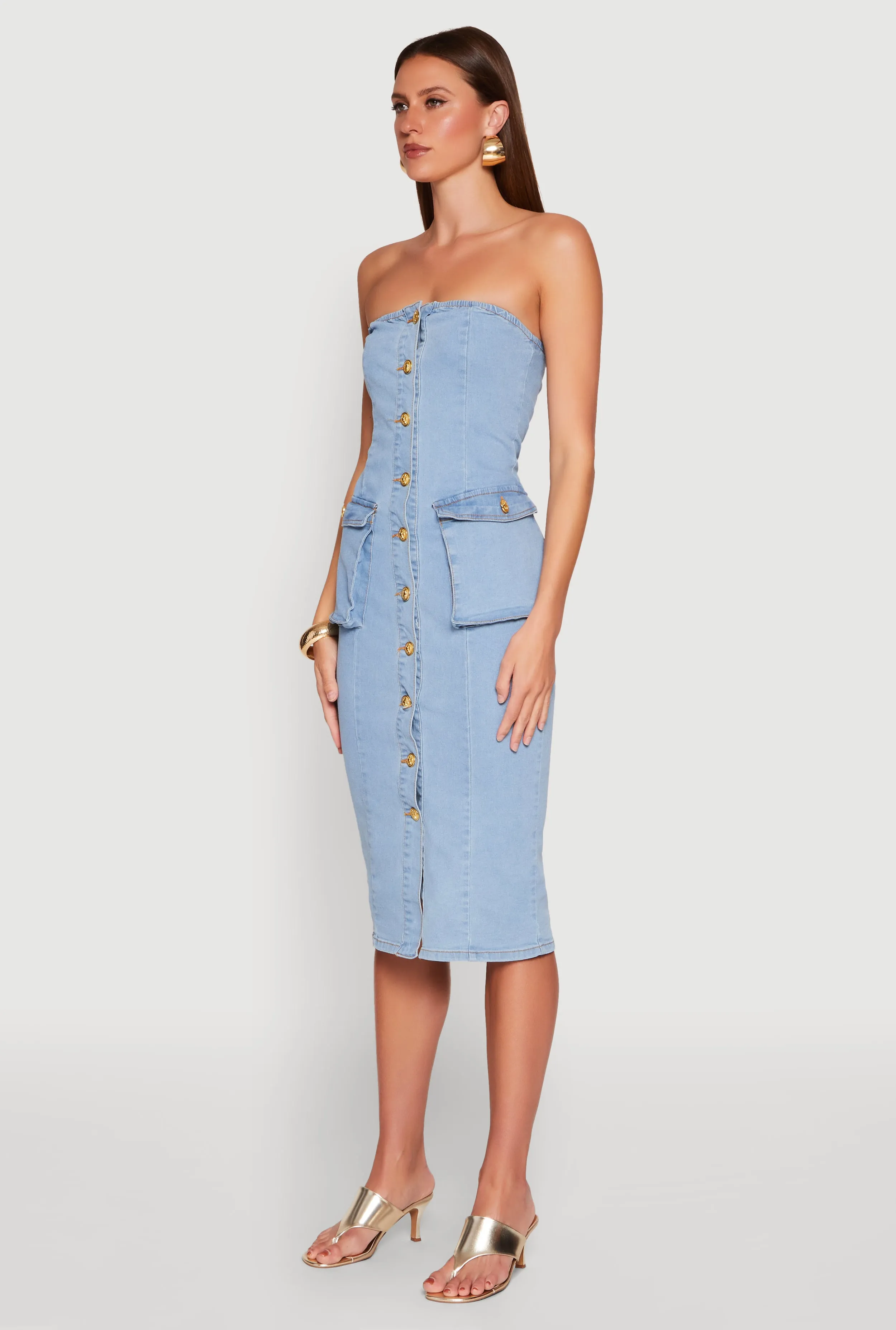 Daisy Button Front Strapless Denim Dress Low Maintenance Polished Attire