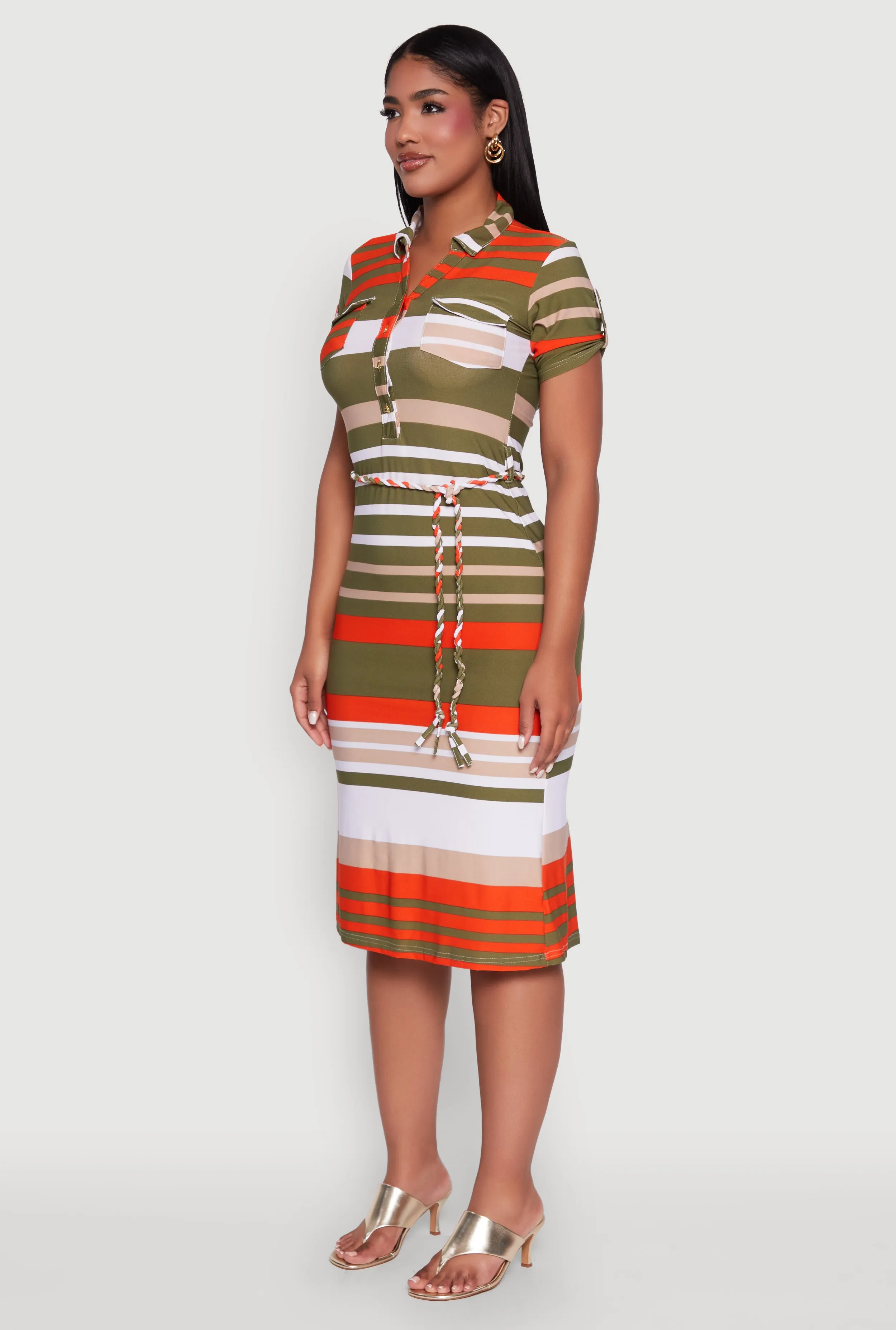 Romantic casual midi Stylish Tie Waist Belted Tabbed Sleeve Shirt Dress