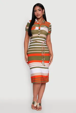 Stylish Tie Waist Belted Tabbed Sleeve Shirt Dress Cloud Sea Style Easy