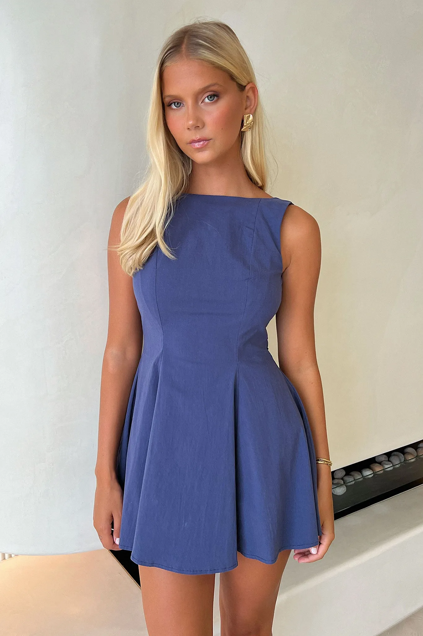 Arora Open Back Mini Dress - Navy Layered Neckline