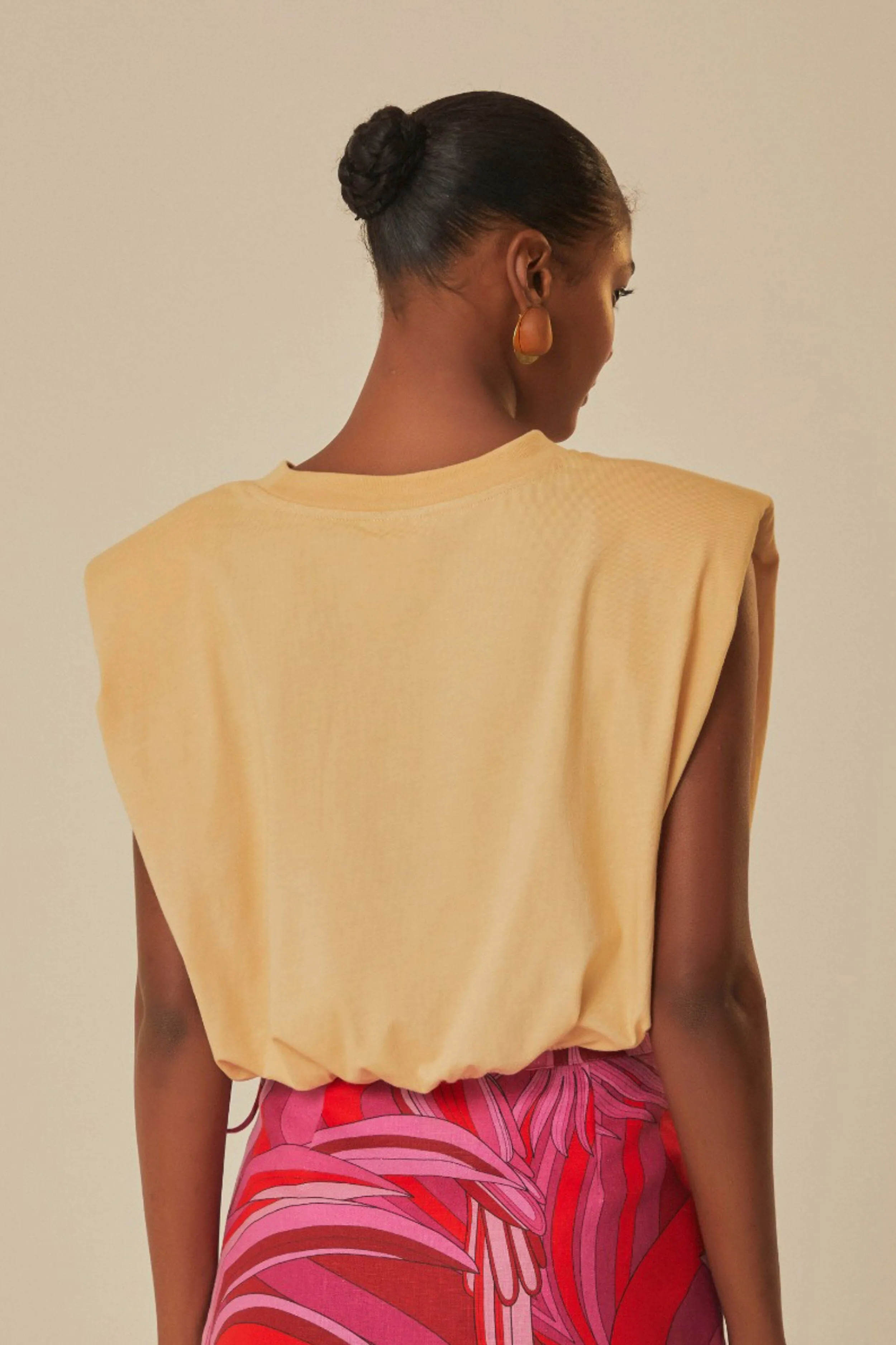 Beige Summer In The Tropics Shoulder Pad Organic Cotton T-Shirt Street Glow