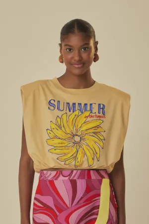 Urban Pulse Cozy Wrap Beige Summer In The Tropics Shoulder Pad Organic Cotton T-Shirt